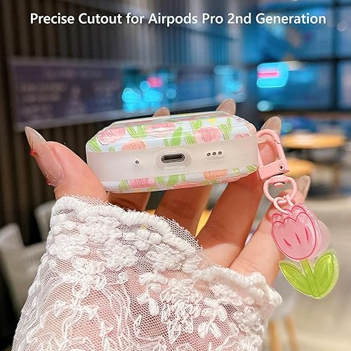 Miniatura 6 de PHOEACC Bonita funda para Airpod Pro (no compatible con Airpod 3rd 2021) flor con llavero floral en forma de onda, funda protectora de TPU suave