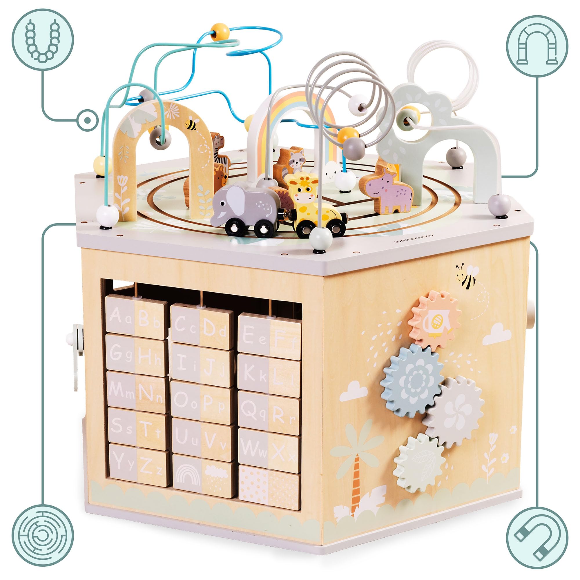 Mamabrum Grande Cubo Educativo – Giocattolo Montessori con Trenino Magnetico, Anelli Motori e 10+ Attività – Per Bambini da 12m+