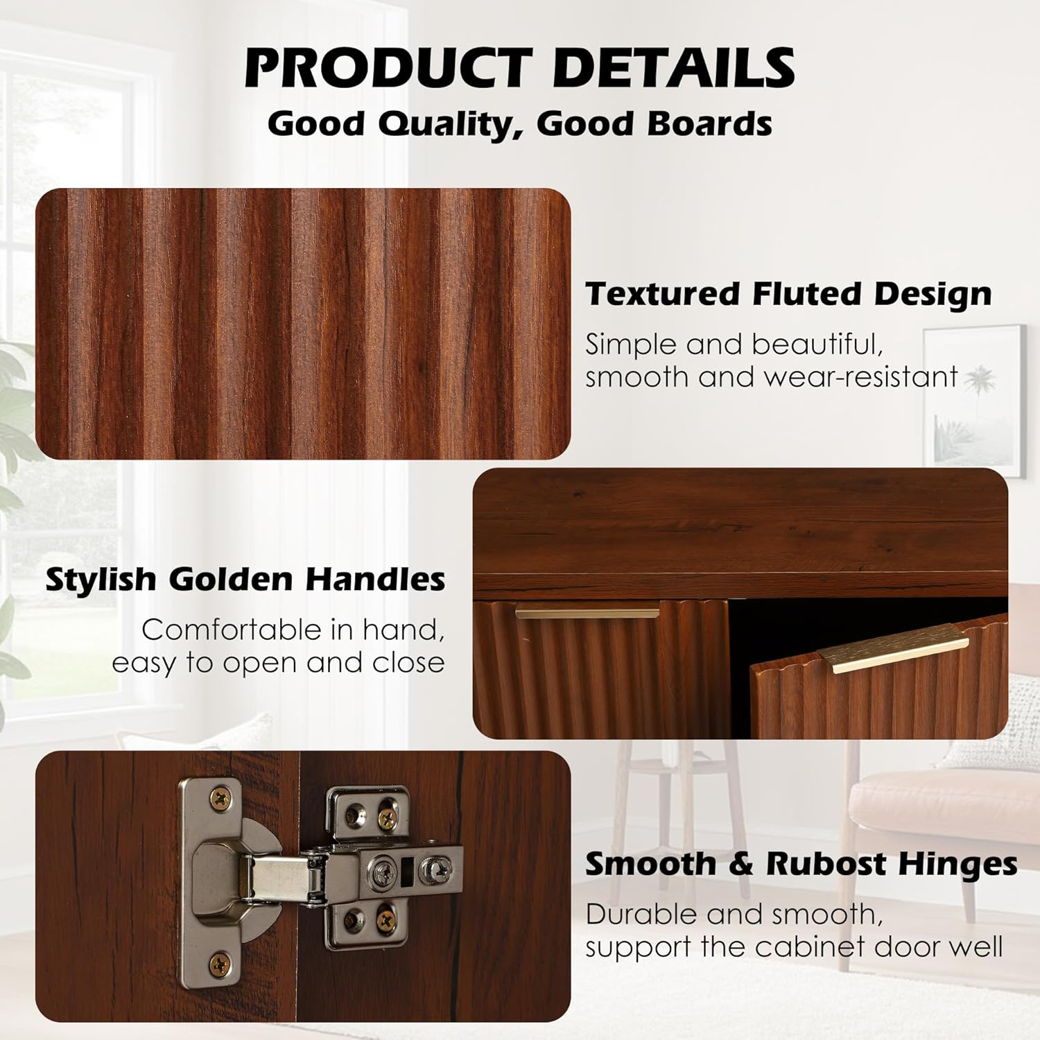 55" Fluted Sideboard Buffet Cabinet with Storage - Kitchen Credenza Storage Cabinets with Adjustable Shelves, Modern Wood Coffee Bar TV Console Cabinet Table, Living Dining Room Entryway (Brown)