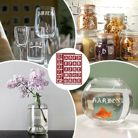 ForraFun 4 Pcs Capital Alphabet Glass Etching Stencils, Self-Stick Old English Letter Templates for Wood Burning & Engraving, Reusable Monogram Stencils with Numbers for DIY Crafts