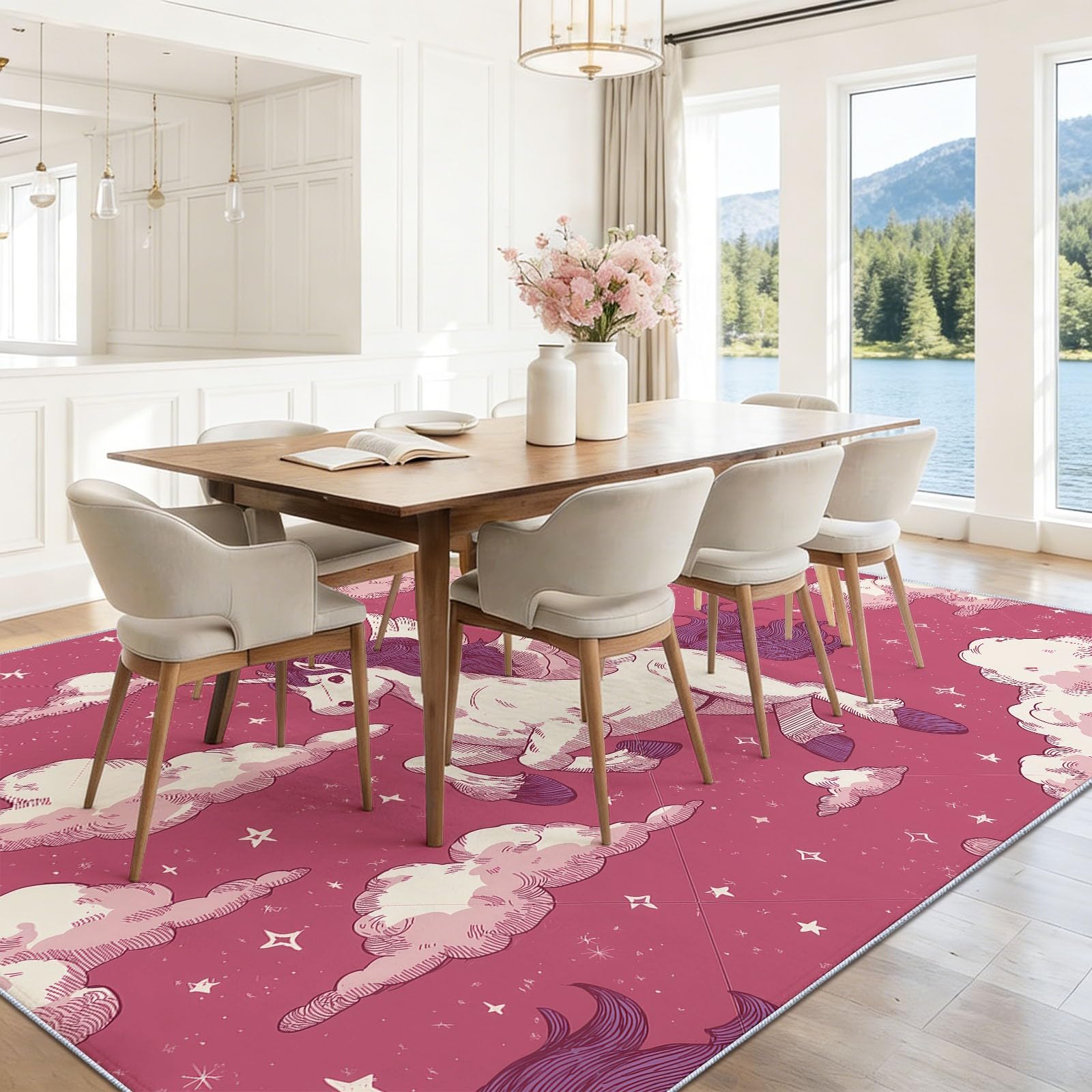 Teppich rutschfeste für Wohnzimmer Kinderzimmer, Zeichentrickfilm Sterne Tiere Pferde Deko Flanell Antirutsch Carpet Rosa Waschbarer Innenbereich Teppich 100 x 150 cm für Wohnzimmer Büro
