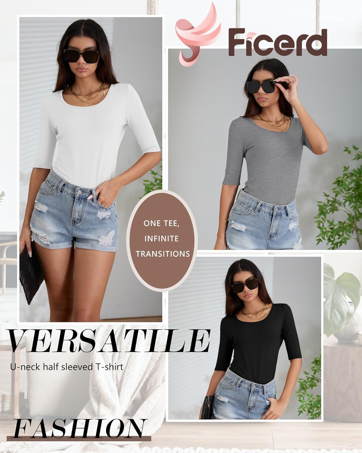 Ficerd 4 Pack Women's Scoop Neck Stretchy Tops Half Sleeve Cotton Slim Fit T-Shirts Tight Casual Basic Summer Tees(Pink, Light Gray, White, Black,Large) - Image 2