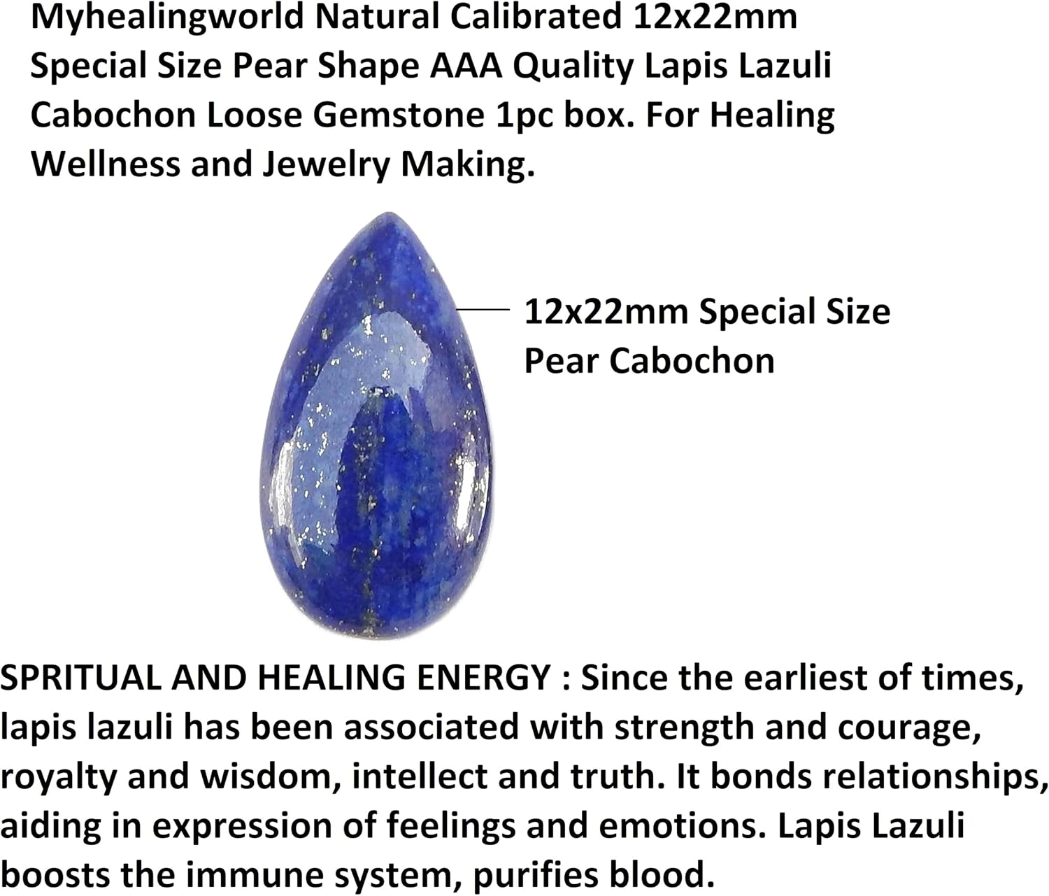 Natural Calibrated 12x22mm Special Size Pear Shape AAA Quality Lapis Lazuli Cabochon Loose Gemstone 1pc box. For Healing Wellness and Jewelry Making.