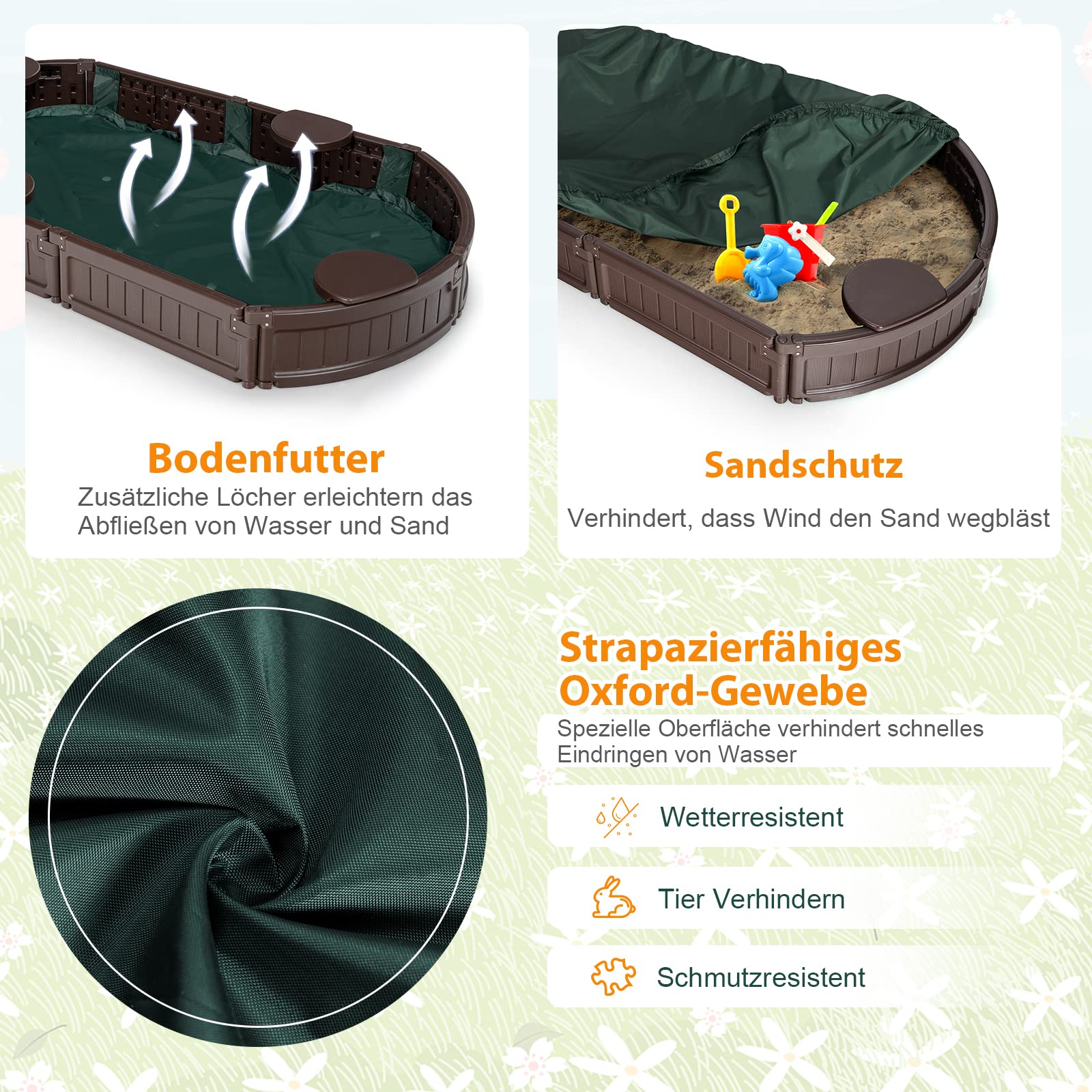 COSTWAY Sandbox Sandkasten mit wasserdichter Abdeckung und Bodenauskleidung, Outdoor Sandkiste Platz für 4 Kinder 183x105x21cm