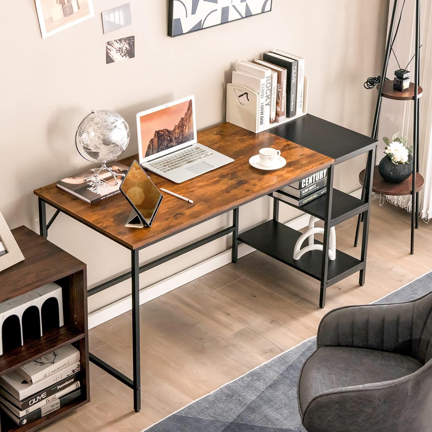 Multifunctional Computer Desk, Industrial Study Writing Desk w/Removable Storage Shelf, Heavy-Duty Metal Frame, 55 Inch Desk for Home Office, Gaming Room, Bedroom (Rustic Brown)