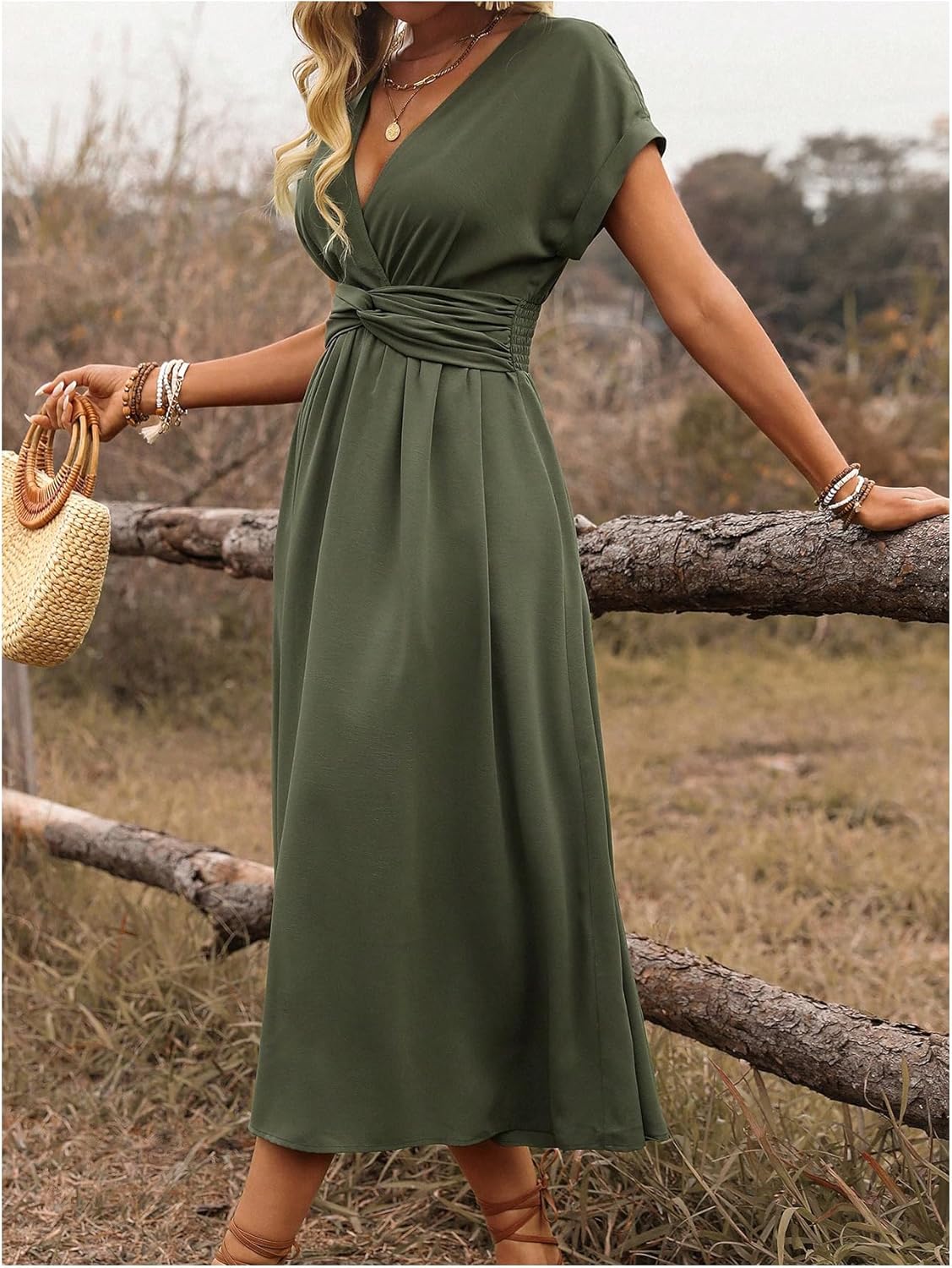 Floerns Women's Wrap V Neck Flowy Midi Dresses Short Sleeve A Line Ruched Beach Dress - Image 2