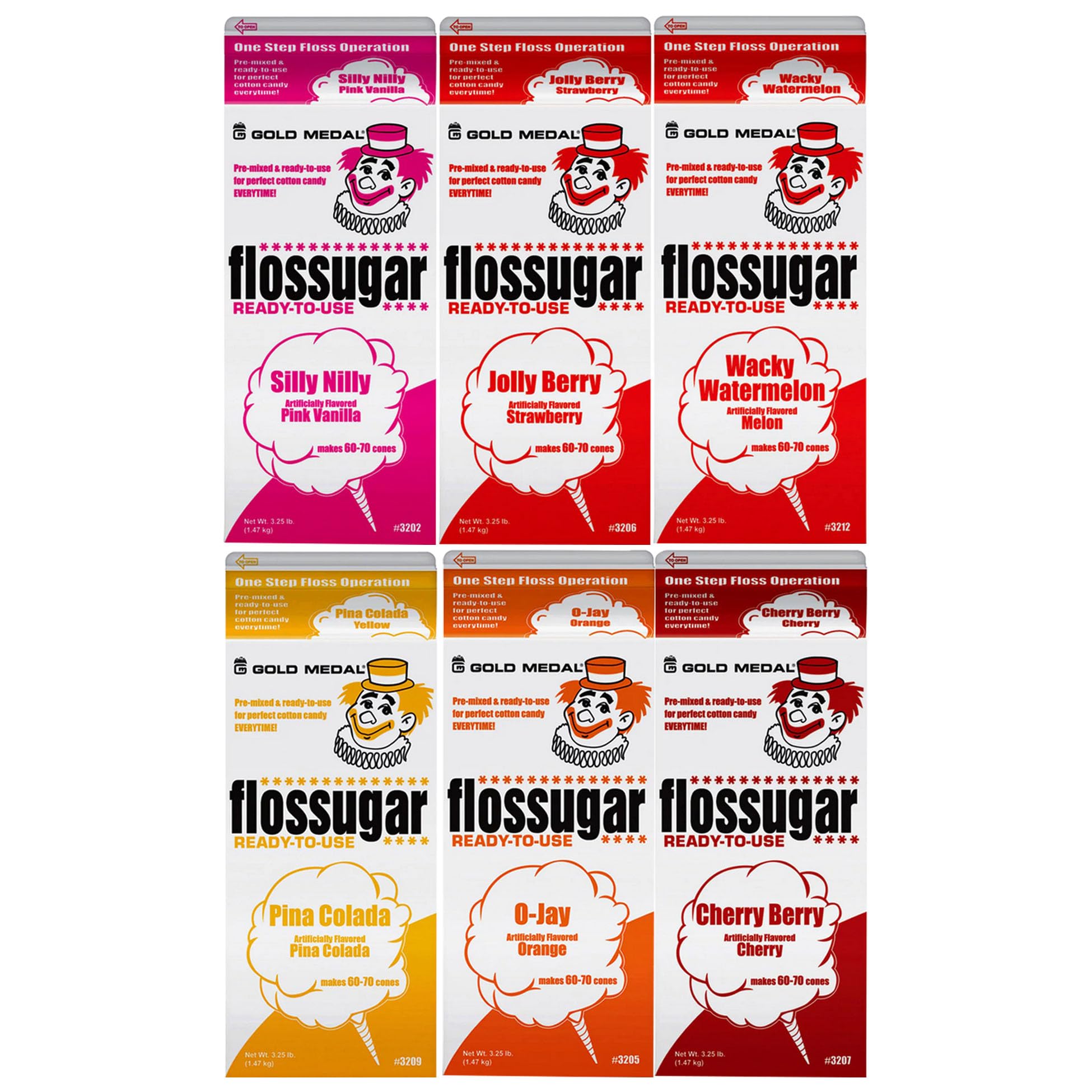 Cotton Candy Floss sugar Mix Flavors | Pack Of 6 | Silly Nilly, Strawberry, Wacky Watermelon, Pina Colada, Orange, and Cherry Berry Flavors | 1/2 Gallon Cartons