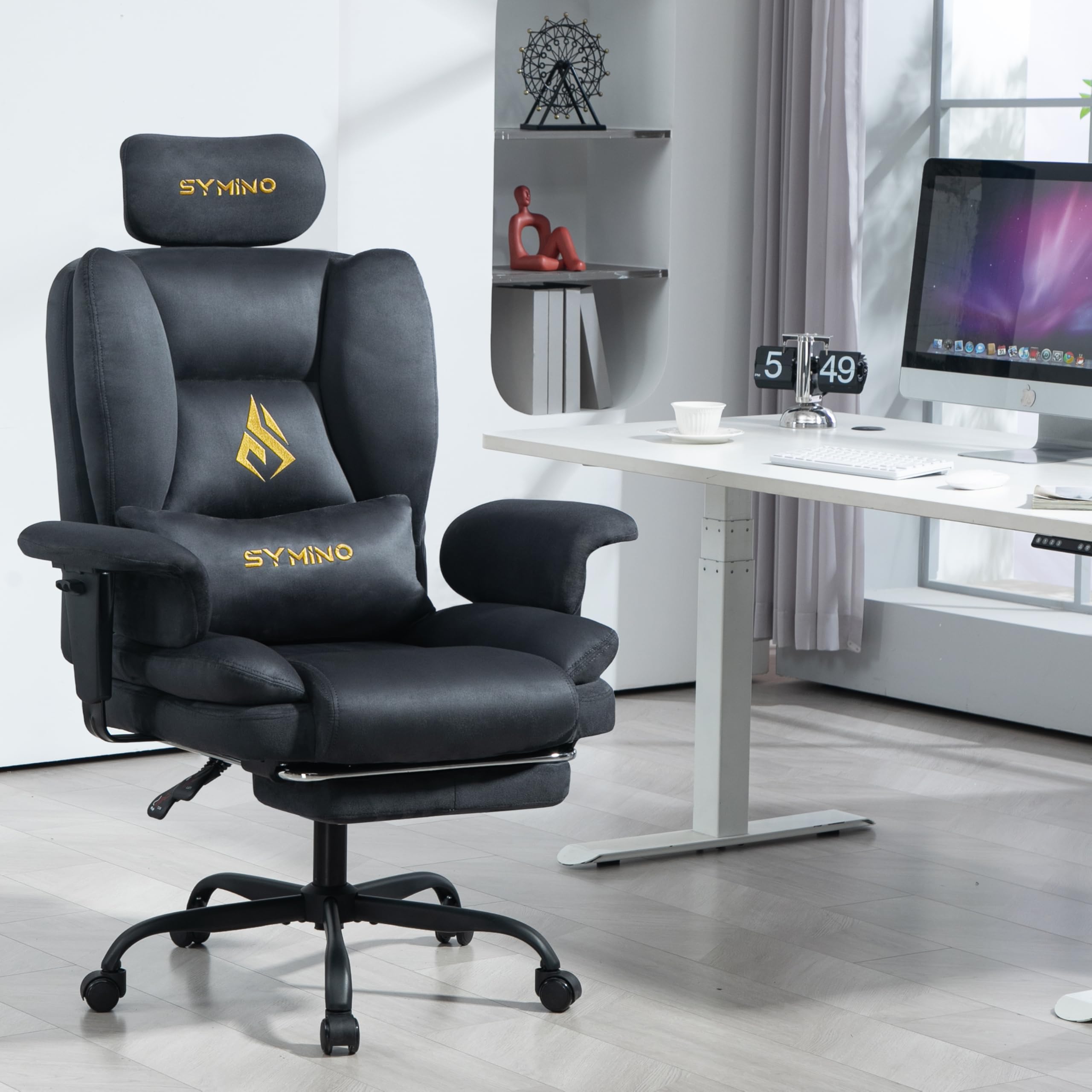 Symino Chaise de Bureau Ergonomique Fauteuil avec Repose-Pieds - Siège en Imitation Daim Gris - Réglable Hauteur et Accoudoirs - Capacité 130kg