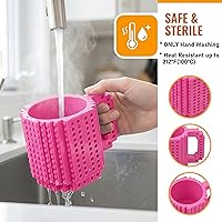 Vista 3 de Lumsburry Taza de café de ladrillo integrada, divertida taza de bricolaje con bloques de construcción creativa para niños, hombres y mujeres, Rosa