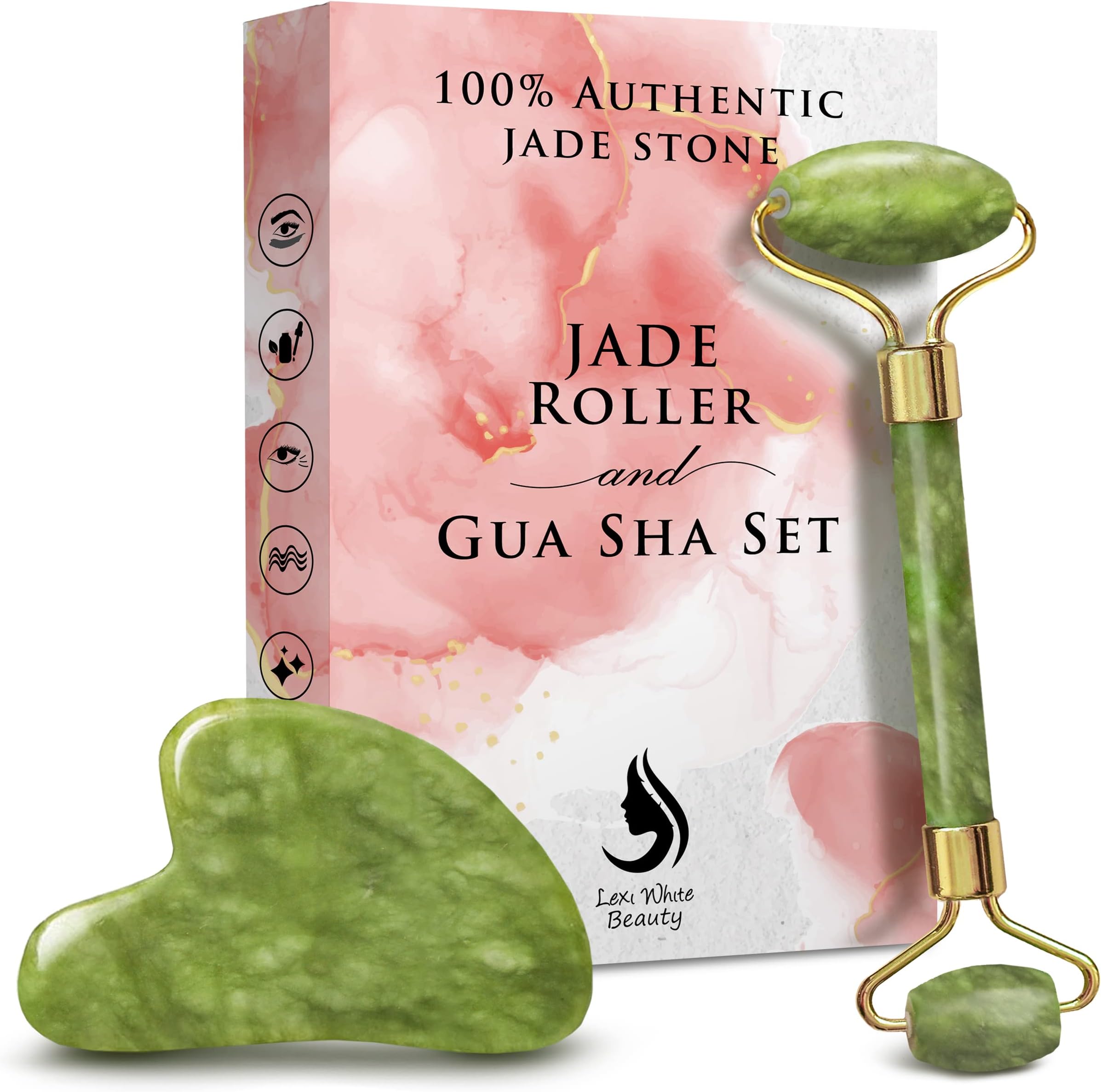 Jade Roller and Gua Sha Set for Face | 100% Authentic Natural Jade Gua Sha 2 in 1 Face Roller | Premium Skincare, Original Gua Sha Facial Tools, GuaSha Face Massager Guasha Tool for Face (Green)