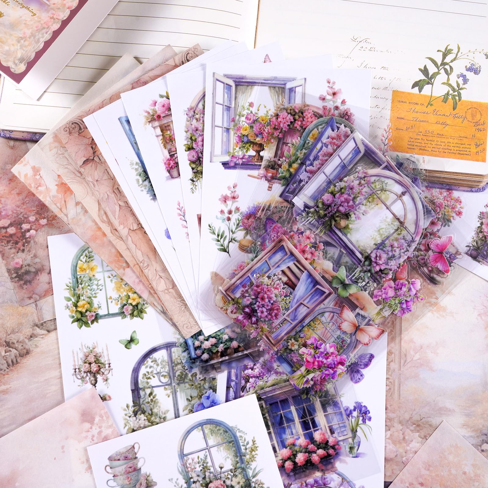 Vintage-Blumen-Scrapbooking-Set – 64 Blatt Vorgeschnittene Blumen, Schmetterlinge & Transparente Aufkleber