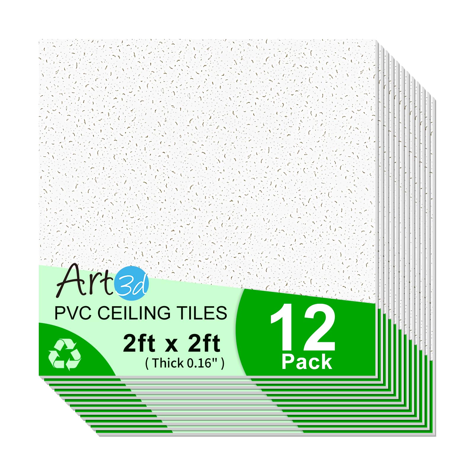 Art3d Stuck-Deckenfliesen, 61 x 61 cm, PVC-Wandpaneele und Fliesen für Inneneinrichtung, Zuhause, Büro, Restaurant und Fitnessstudio, Abdeckung von 48 m², quadratisch, weiß, 12 Stück