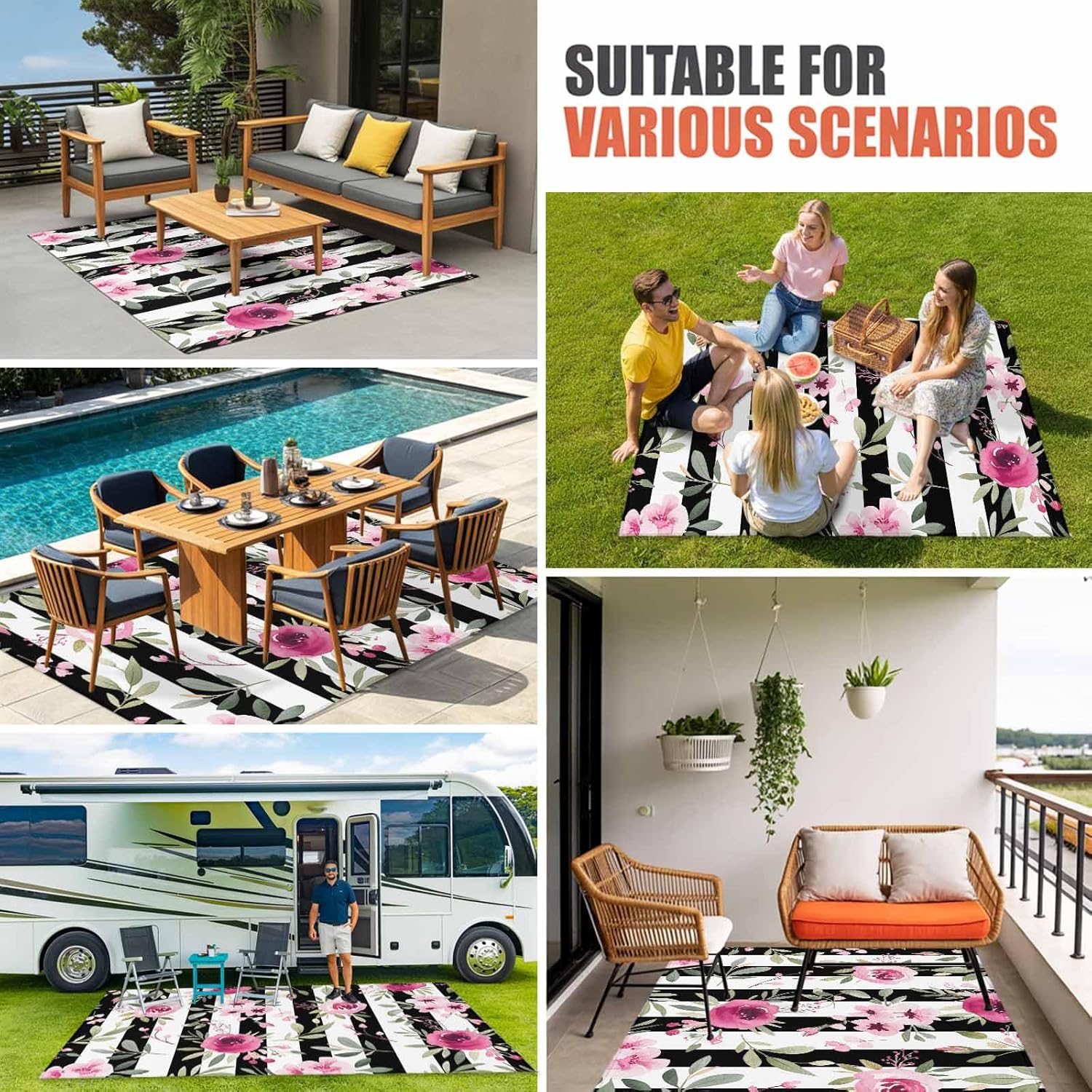 Outdoor Patio Rugs Pink Flowers Illustration Outdoor Area Rug Black and White Stripe Non-Slip Backyard/Camping RV Rug/Deck/Porch Rug Front Door Floor Mat Carpet,4x6ft,