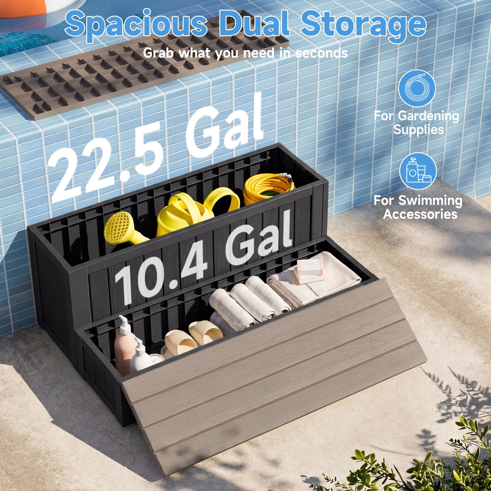 Escalones de bañera de hidromasaje con almacenamiento, escaleras impermeables para exteriores, café