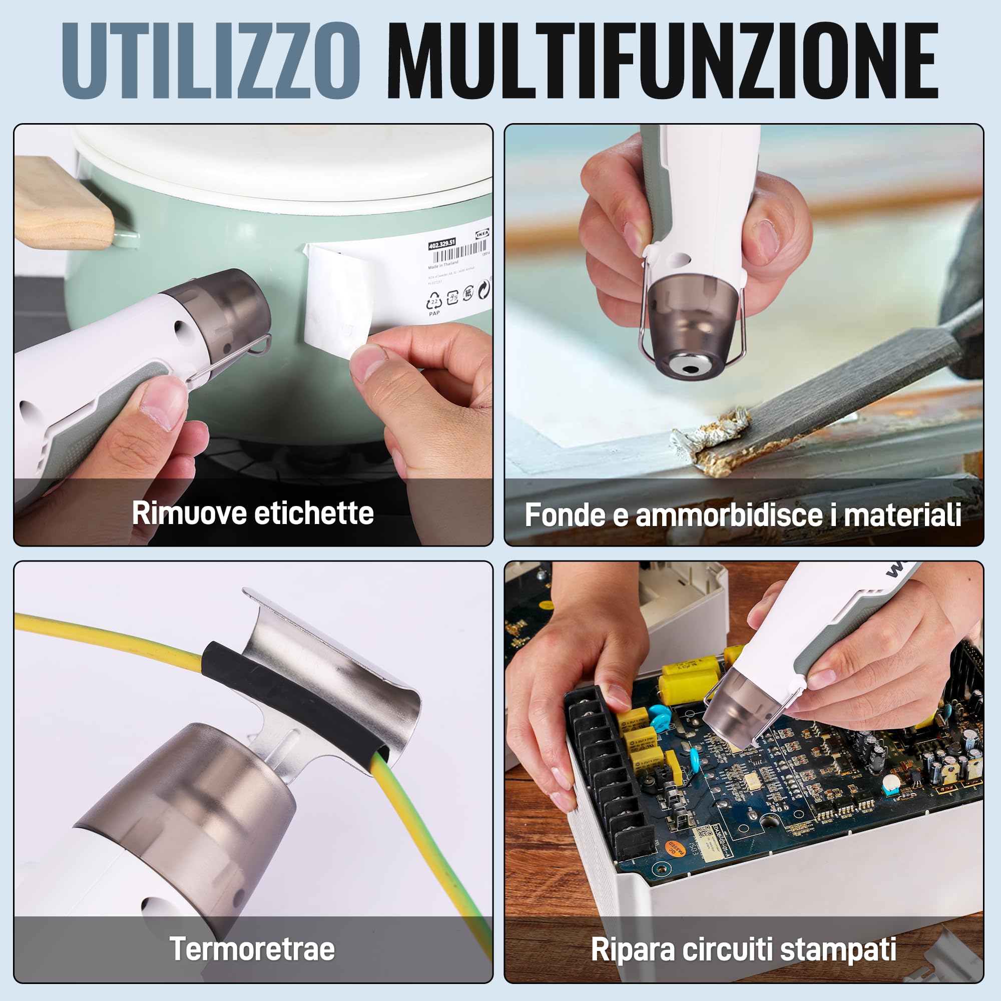 WORKPRO Pistola ad aria calda mini 8V con batteria 4000 mAh, 300℃/450℃, riscaldamento rapido in 30 s, con ugello riflettente e 50 guaine termorestringenti per fai-da-te, riparazioni e lavori creativi