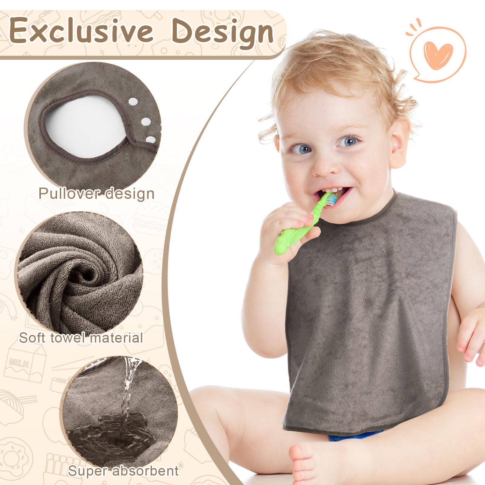 Hercicy Baby-Lätzchen für Kleinkinder, volle Abdeckung, Frottee, saugfähig, große Pullover, Handtuch, Lätzchen mit Druckknopf, 5 Stück