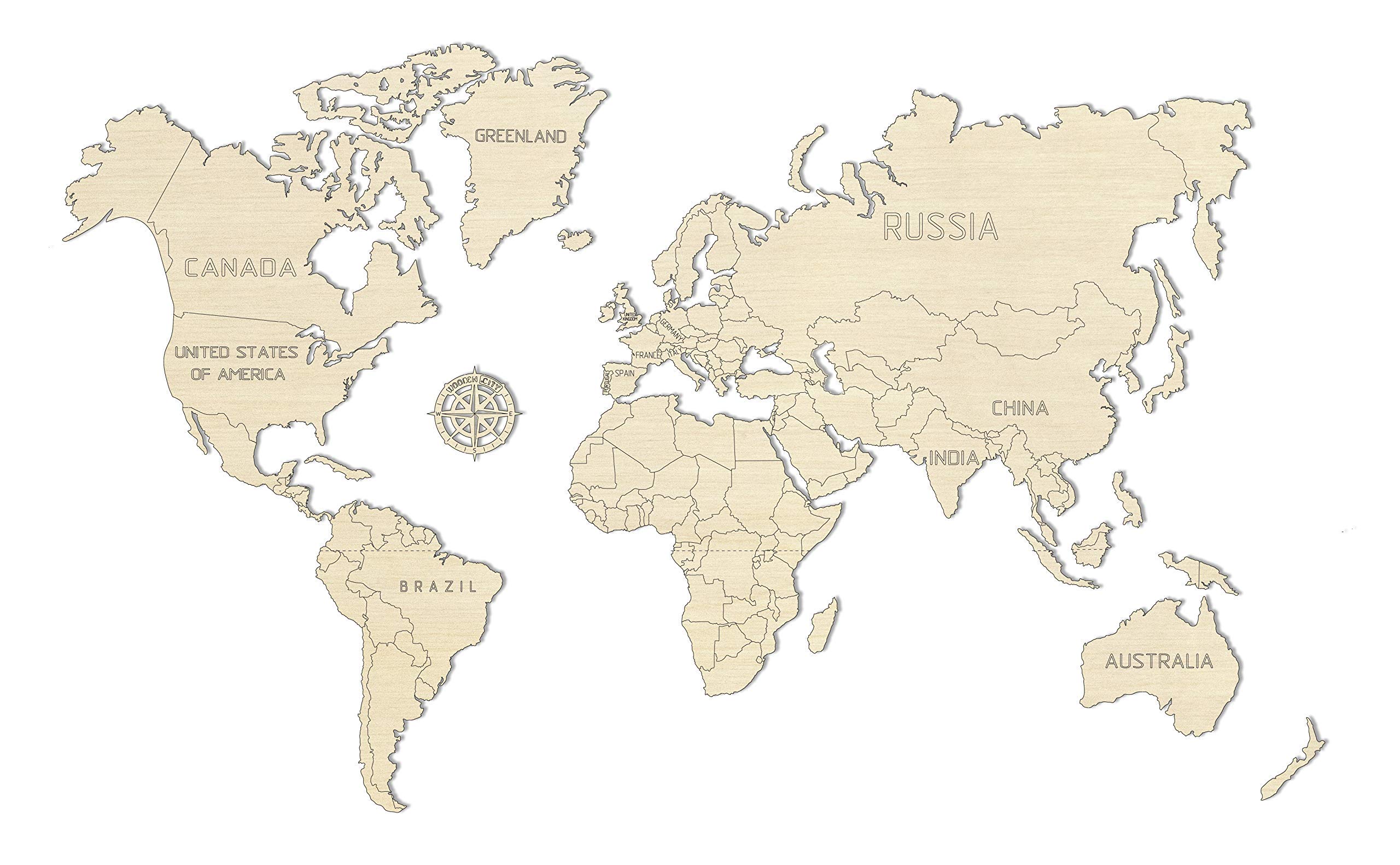 WOODEN.CITY Mapa del mundo de madera "L" El mapa del mundo de madera con fronteras nacionales grabadas, rompecabezas de madera de 83 x 55 cm: cintura L. Puzzle 3D
