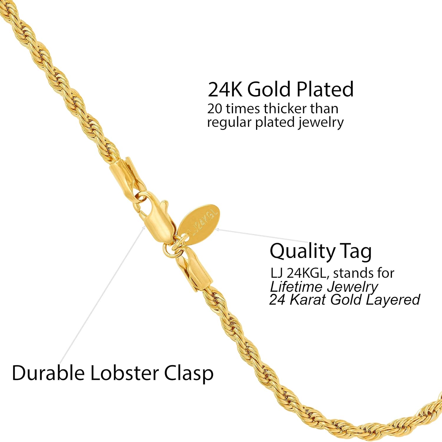 LIFETIME JEWELRY 4mm Rope Chain Bracelet 24k Real Gold Plated for Women and Men - Image 4