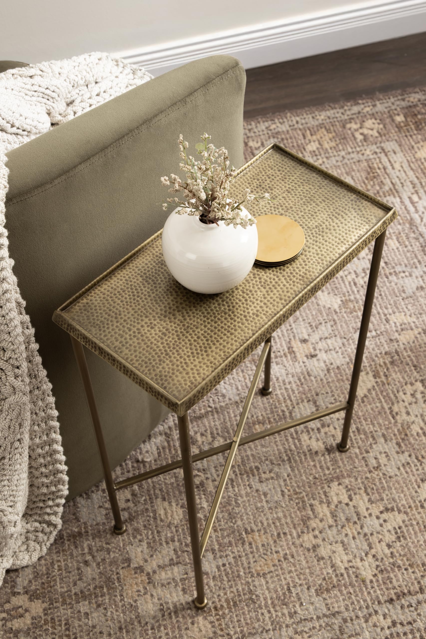 Kate and Laurel Sanzo Transitional Metal Skinny Side Table, 17 x 9 x 24, Antique Brass, Rectangular Slim Bedroom Nightstand with Hammered Tabletop for Use as Bedside Accent or Living Room End Table