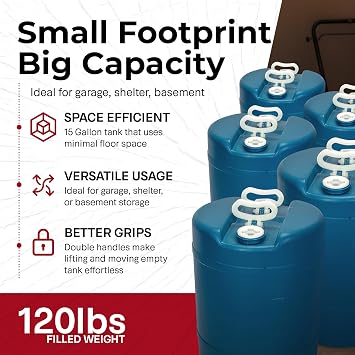 Legacy Food Storage 2 Pack Emergency Water Storage Containers, 15 Gallon Water Tanks, BPA-Free Food Grade Plastic, with Siphon Hose & Wrench, for Camping, Prepping, Survival (15.7 D x 21.5 H)