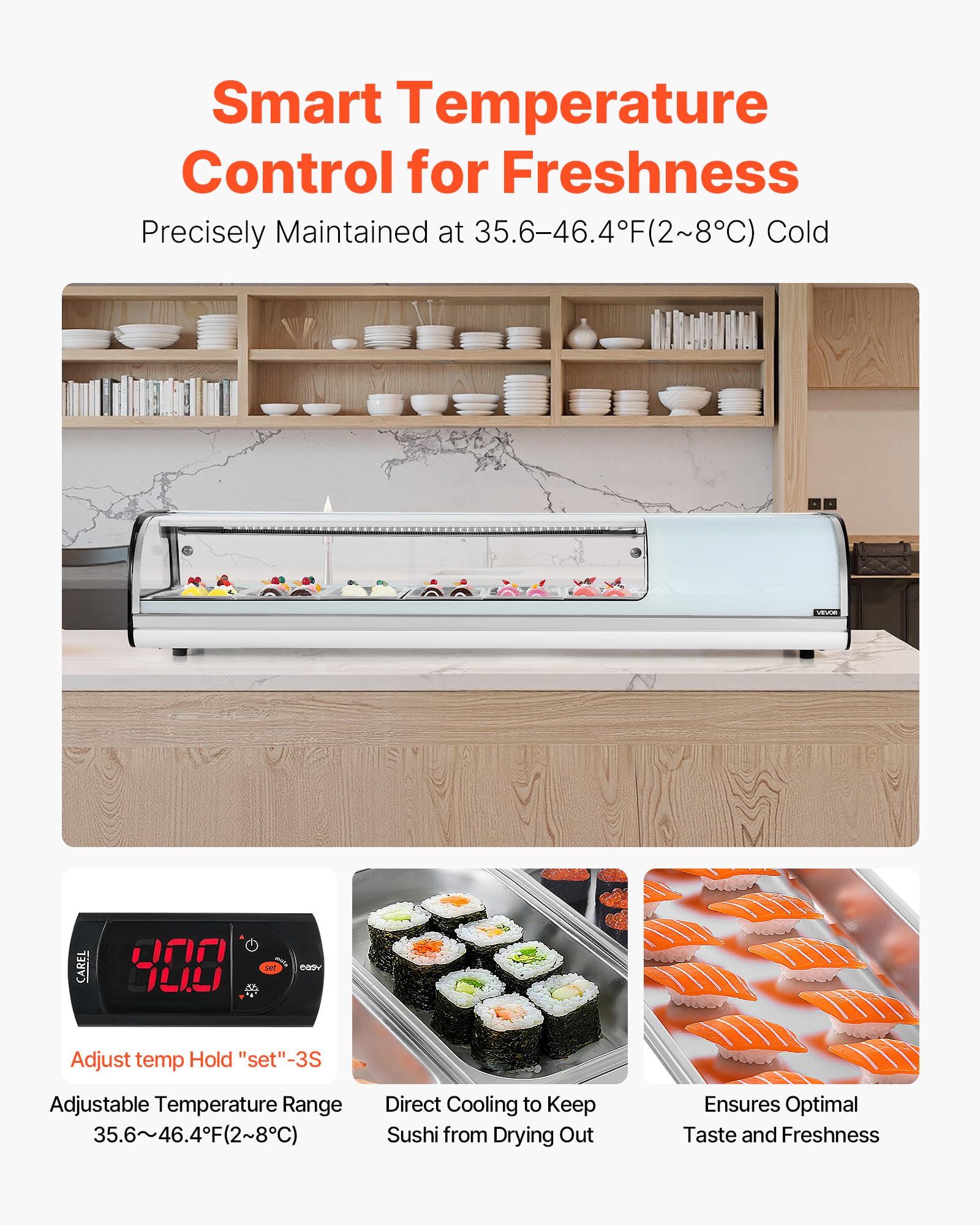 VEVOR Vetrina Refrigerata per Sushi Commerciale da 62 L, 6 Teglie con Vetro Curvo, Illuminazione a LED e Controllo Digitale della Temperatura, Frigorifero per Bancone Ristorante Negozio