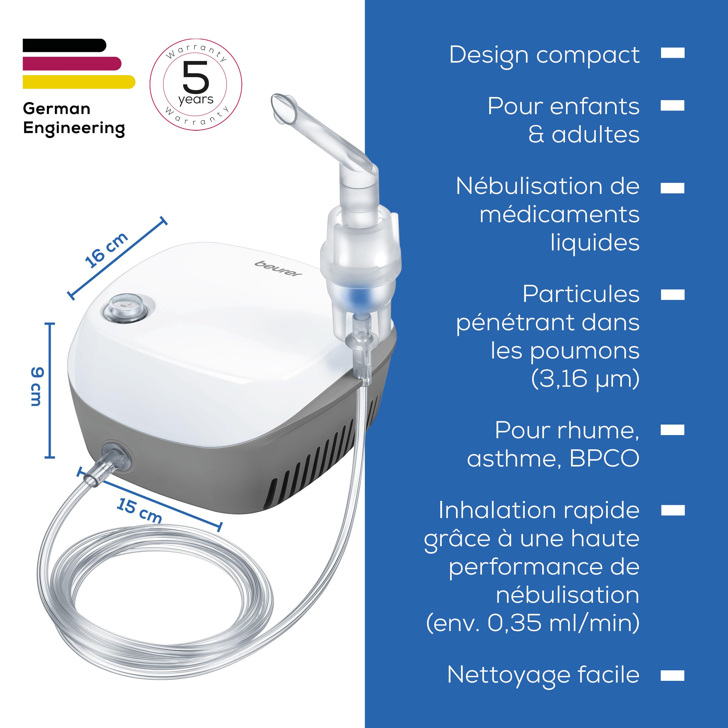 Beurer IH 18 Nébuliseur pour rhumes et maladies respiratoires telles que l'asthme et la BPCO, pour la nébulisation de médicaments, nébuliseur pour adultes et enfants, design en blanc, compact