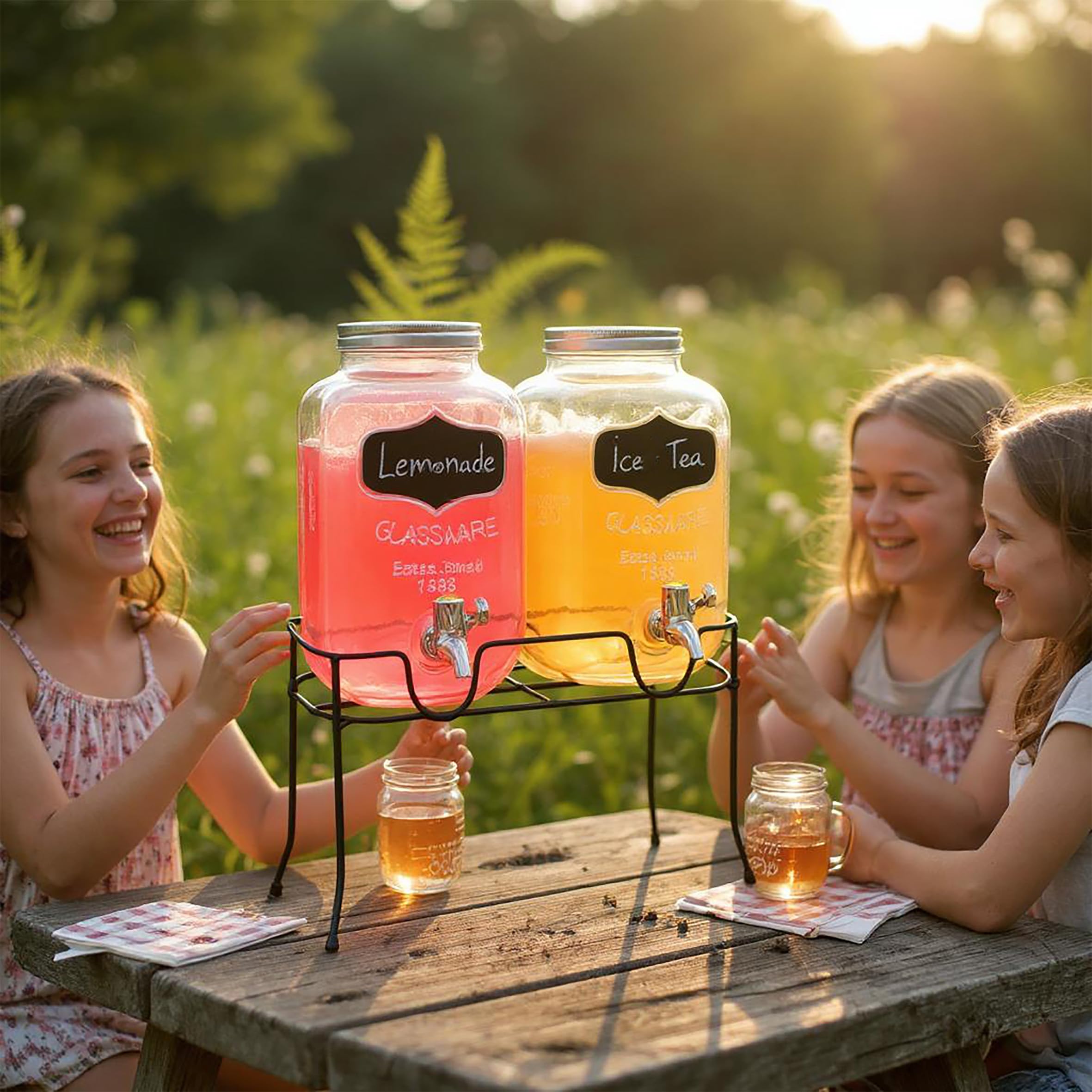 Getränkespender Set 2x 4 L Glas mit Zapfhahn und Gestell | Dekorativer Blickfang für Küche, Gartenfest oder Candy Bar, praktisch für das Servieren von Getränken