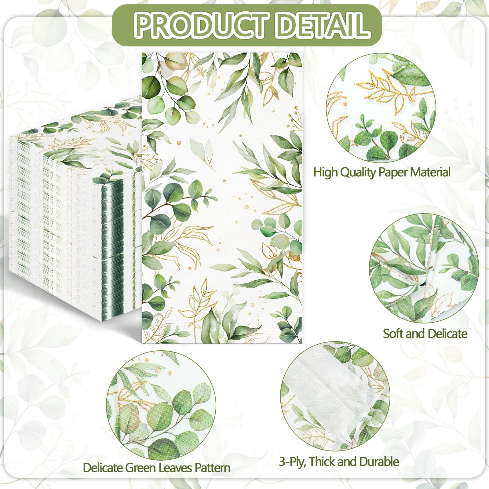 100 servilletas de papel vegetales desechables de 3 capas para baño, hojas de eucalipto verde, servilletas decorativas para novia, baby shower, boda, cumpleaños, fiesta de primavera