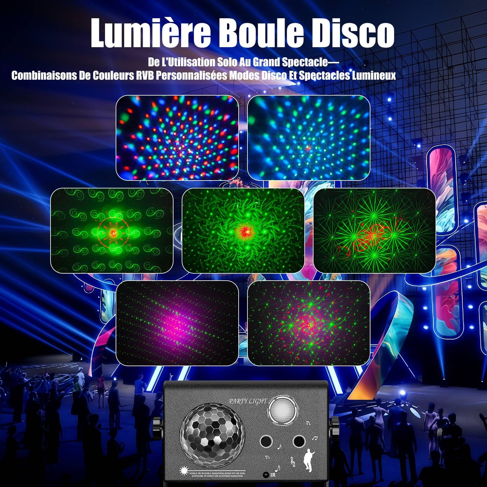 Jeux de Lumiere et Fête 3-en-1 avec Télécommande, Contrôle par Musique & Contrôle Vocal – Lumière Disco, LED RVB, Effet Boule Disco et 72 Motifs pour Fêtes, Clubs, Noël