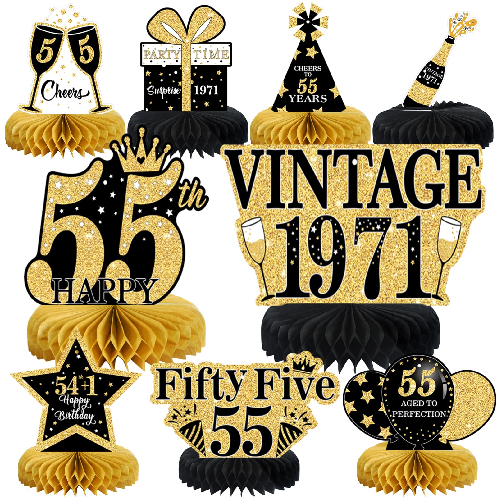 9Pcs 55th Birthday Decorations Honeycomb Centerpieces for Men Women, Black Gold Happy 55th Birthday Centerpieces Tables Toppers Party Decorations Supplies, Vintage 1971 Aged Table Sign Decor