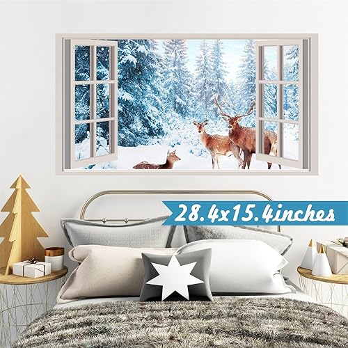Miniatura 9 de Winter Wall Stickers 3D Fake Windows Wall Stickers Forest Wall Decals Christmas Wall Decals Peel and Stick Snow Landscape Deer Stickers Pine Tree