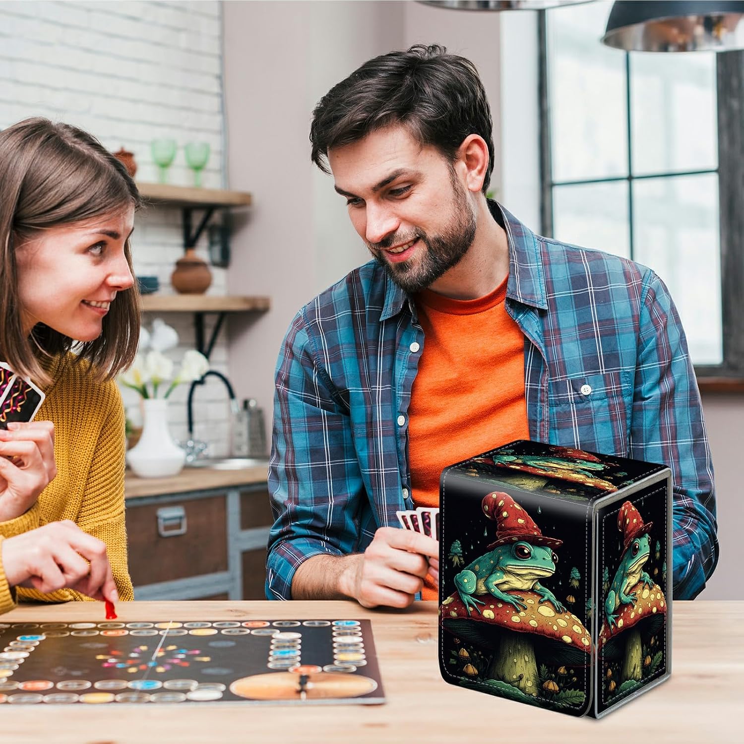 Card Deck Box for Trading Cards, MTG Commander Deck Box Fits 100+ Single Sleeved Cards, Leather Magnetic Card Storage Box for YuGiOh TCG CCG Cards, Mushroom Frog