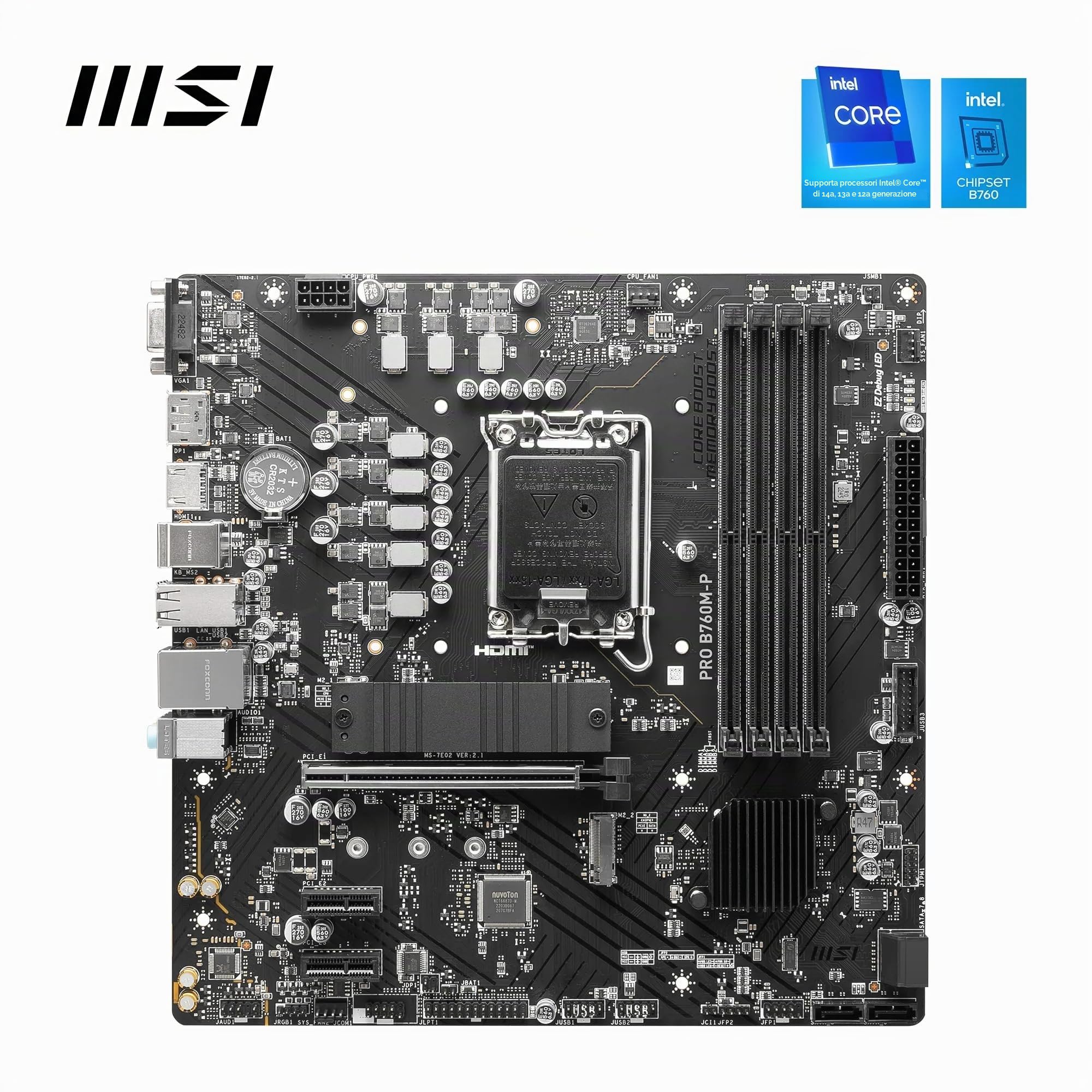 MSI Scheda madre PRO B760M-P, Micro-ATX - Supporta processori Intel Core di 14a, 13a e 12a generazione, LGA 1700 - DDR5 Memory Boost 6800+MHz/OC, slot PCIe 4.0 x16, slot M.2 Gen4