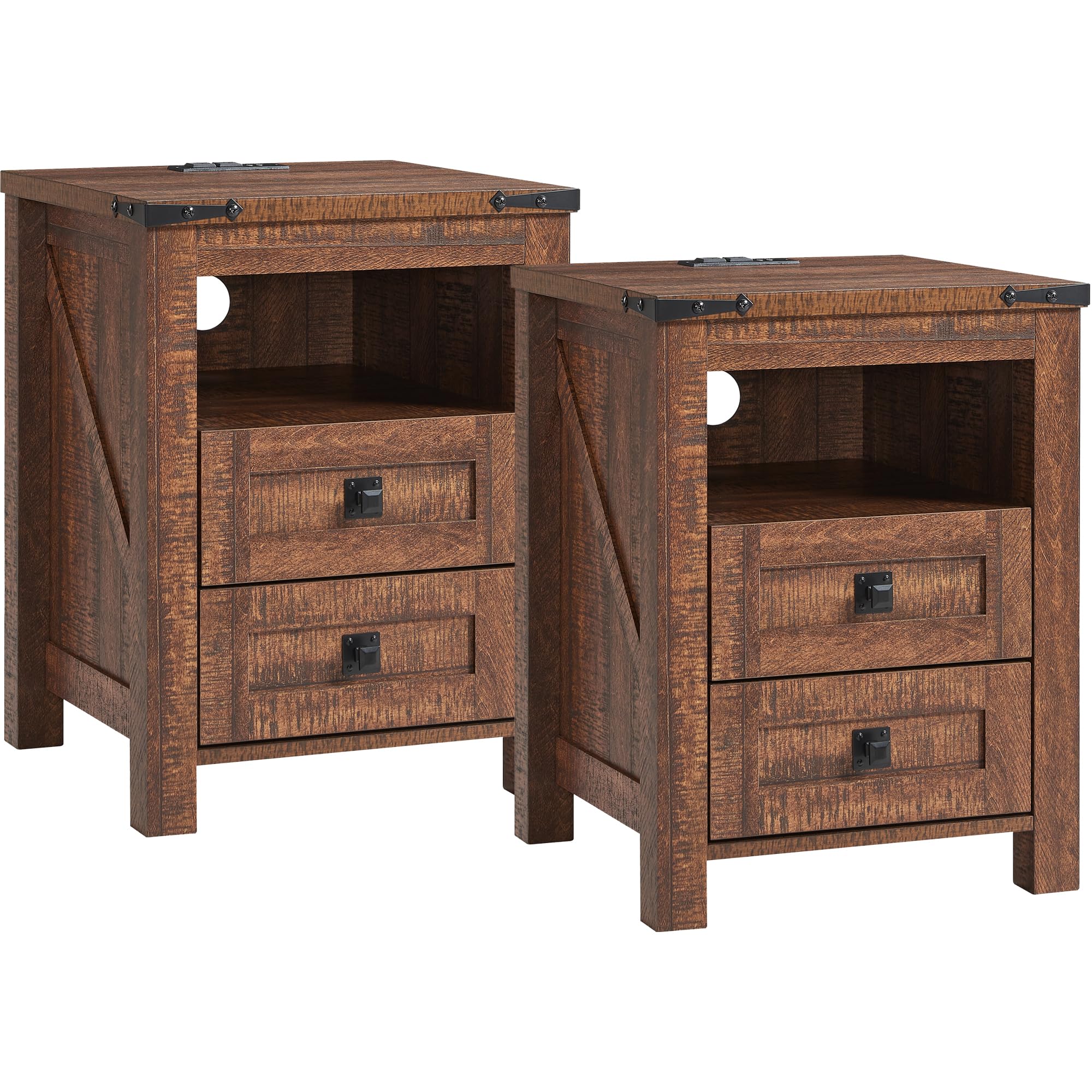 T4TREAM Farmhouse Nightstand Set of 2 with Charging Station & 2 Drawers for Bedroom