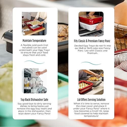 Vista 25 de Fancy Panz Bandeja clásica para servir alimentos, fabricada en los Estados Unidos, soportes apilables de aluminio con tapa transparente, cazuela