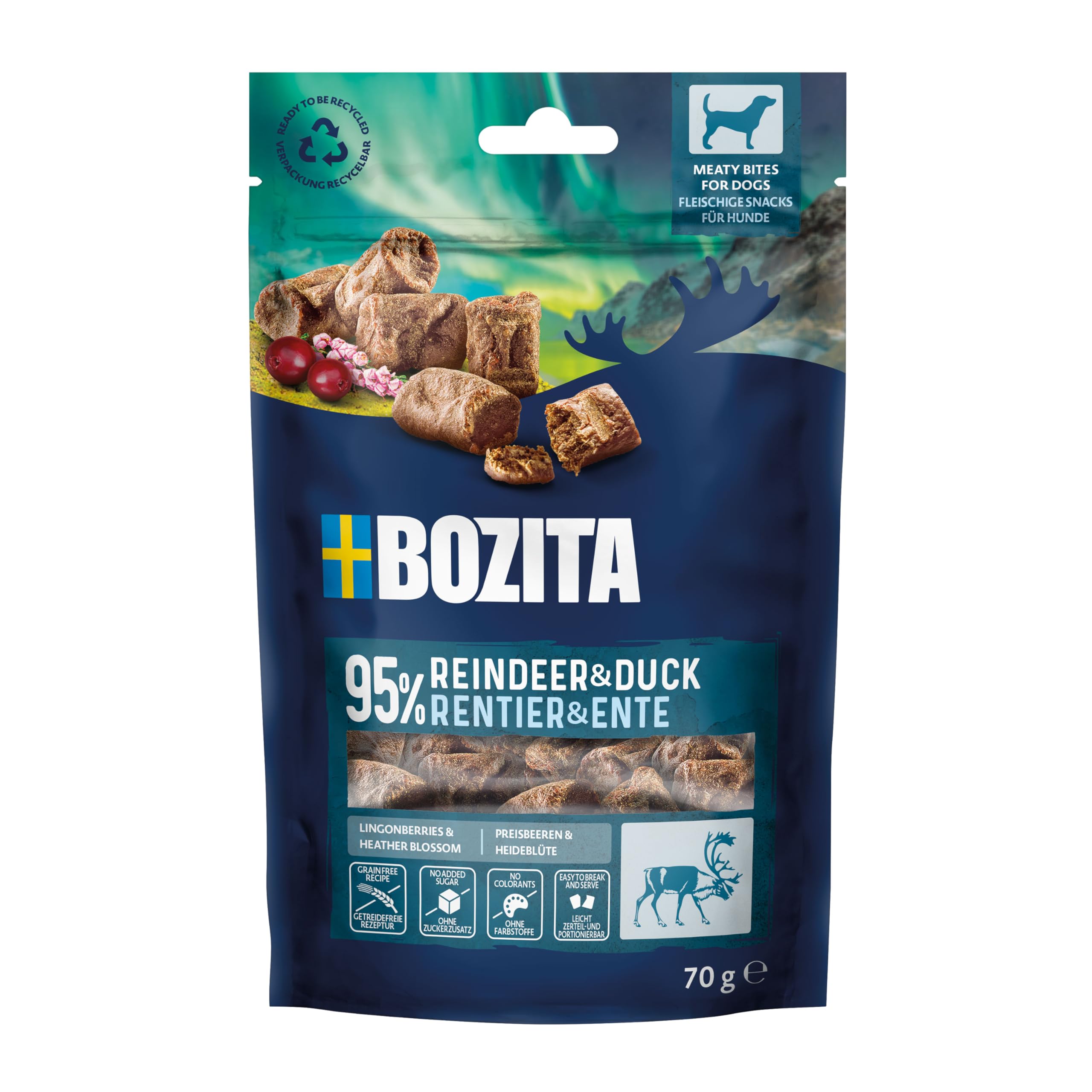 Bozita Meaty Bites Dog Snack with 95% Reindeer and Duck, 70 g Grain-Free Dog Treats without Chicken and Glycerin, Tasty Dog Treats, Ideal as a Treat for Dogs While Training and