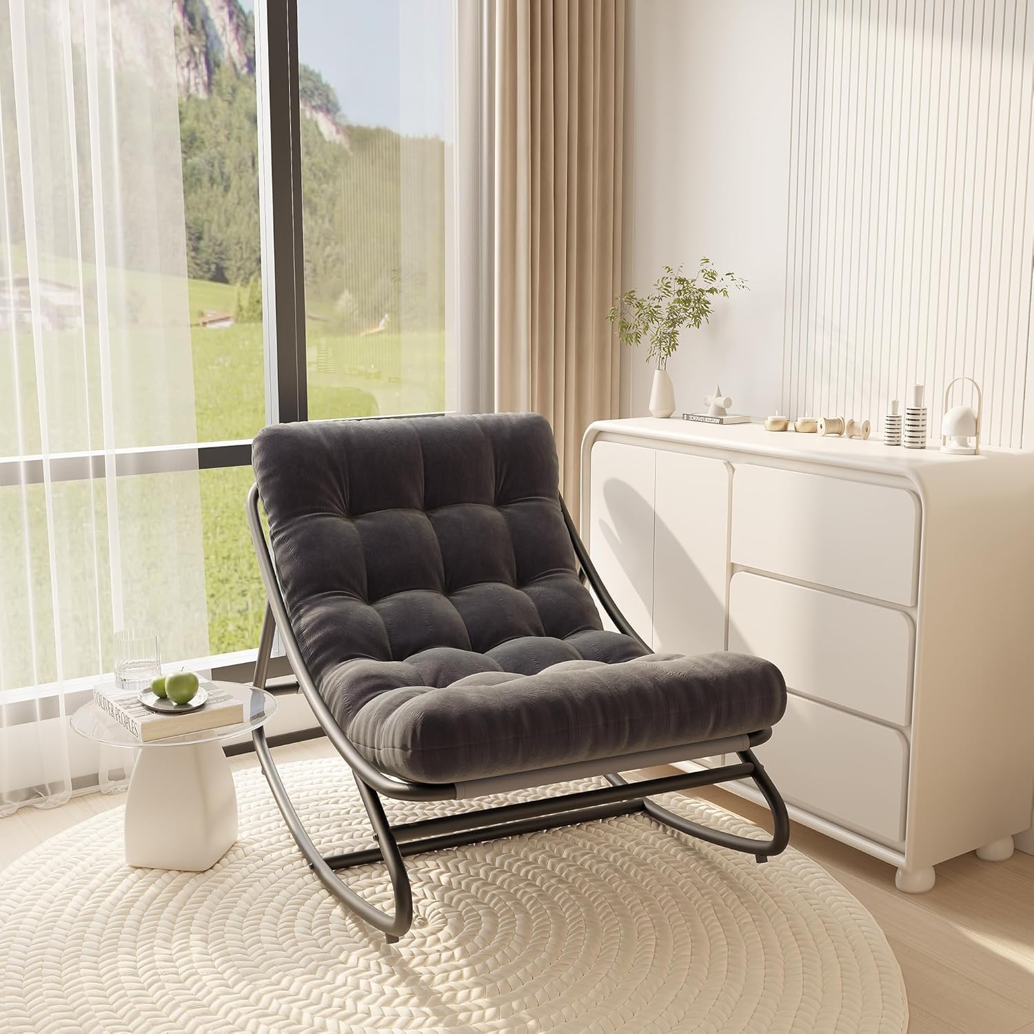 Outdoor Rocking Chair, Adjustable Reclining Backrest and Waterproof Cushion, Patio Rocker with Thick Padded Seat for Indoor, Garden, Balcony, Living Room, Comfortable Support for Relaxing，Grey