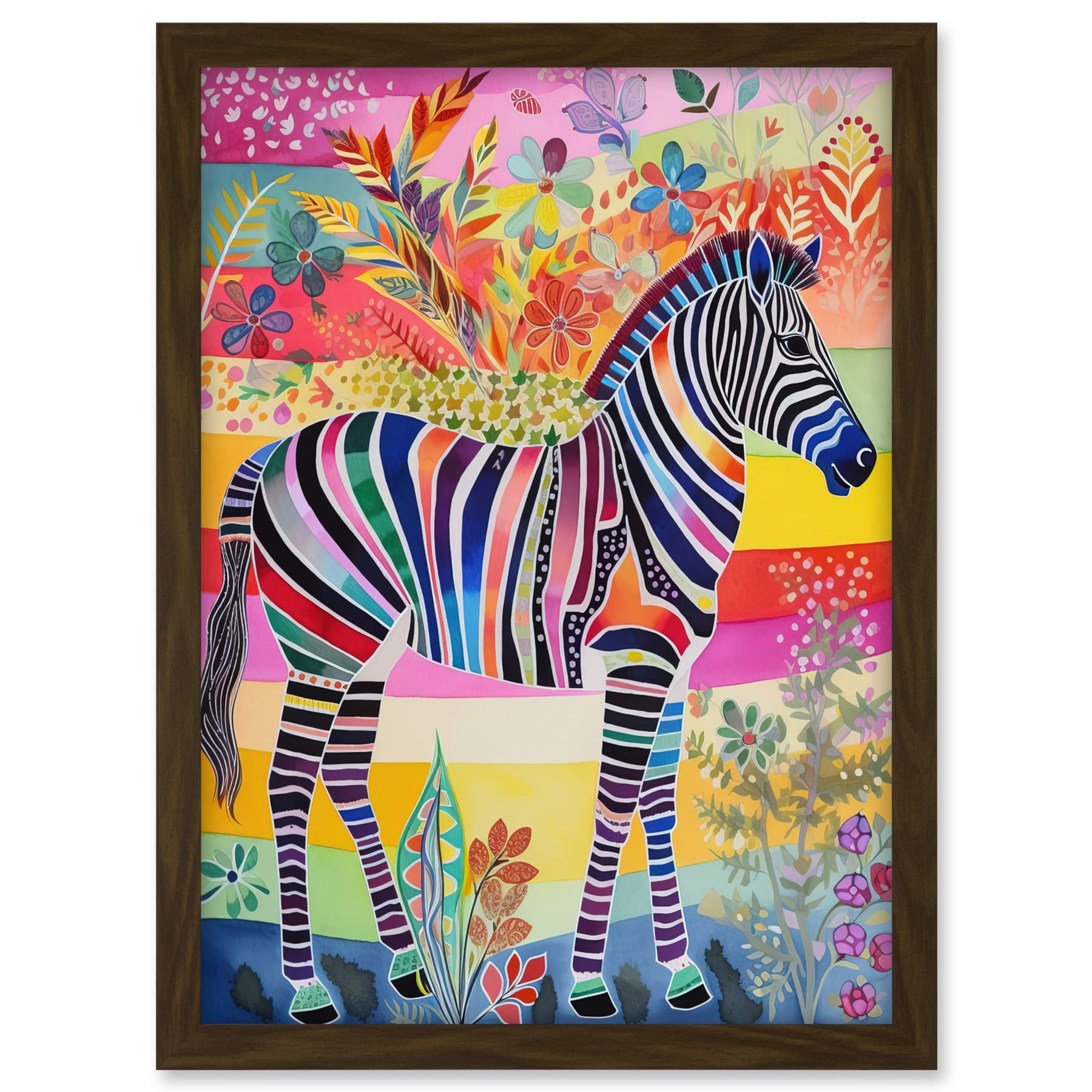 Artery8 Zebra Rainbow Floral Abstract Folk Art Artwork Framed A3 Wall Art Print