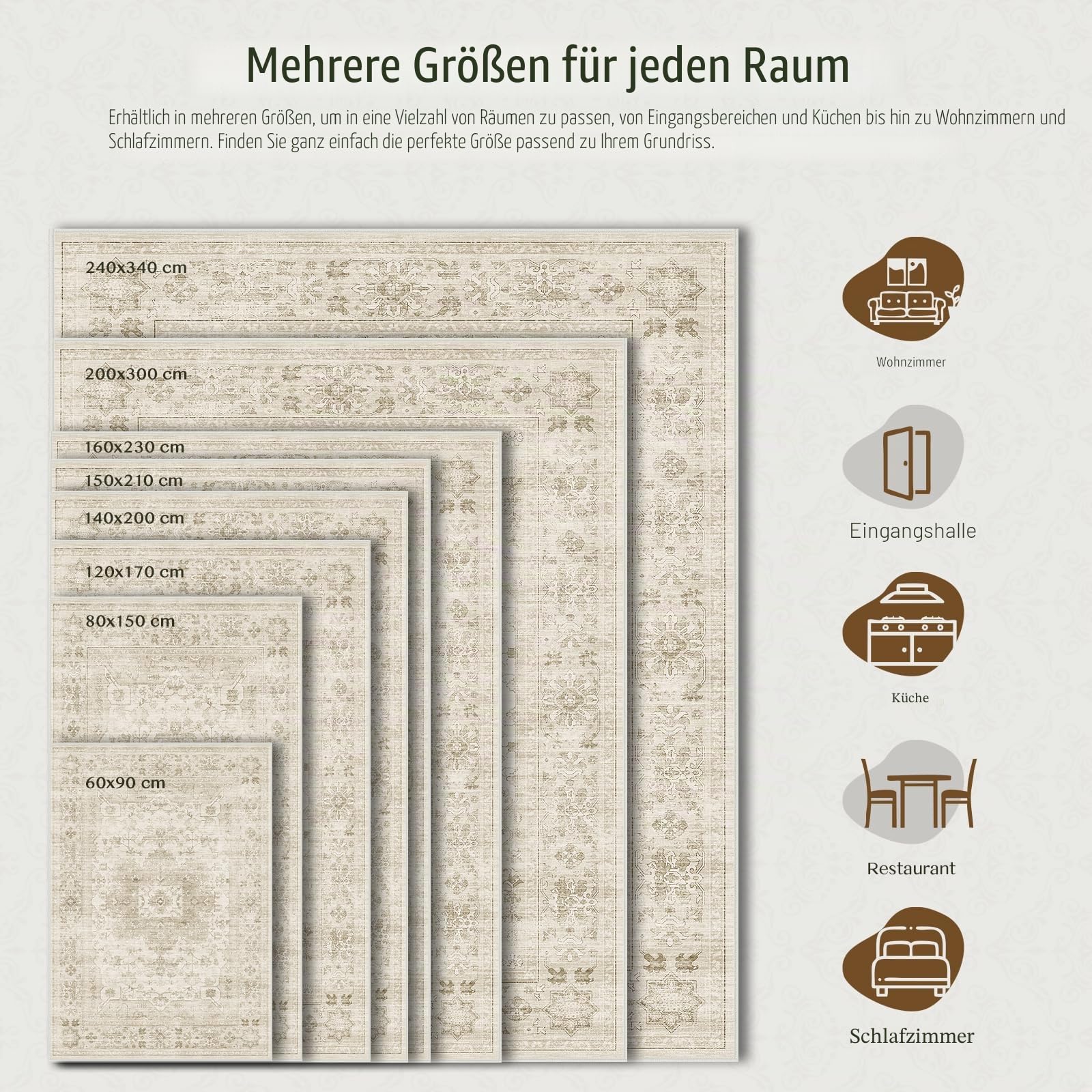 Vintage Teppich Wohnzimmer 240x340cm, Creme Teppich Schlafzimmer | Waschbarer Boho Teppich, Rutschfest Läufer Teppiche, Pflegeleicht Teppich Gegend für küche, Büro, Esszimmer, Flur