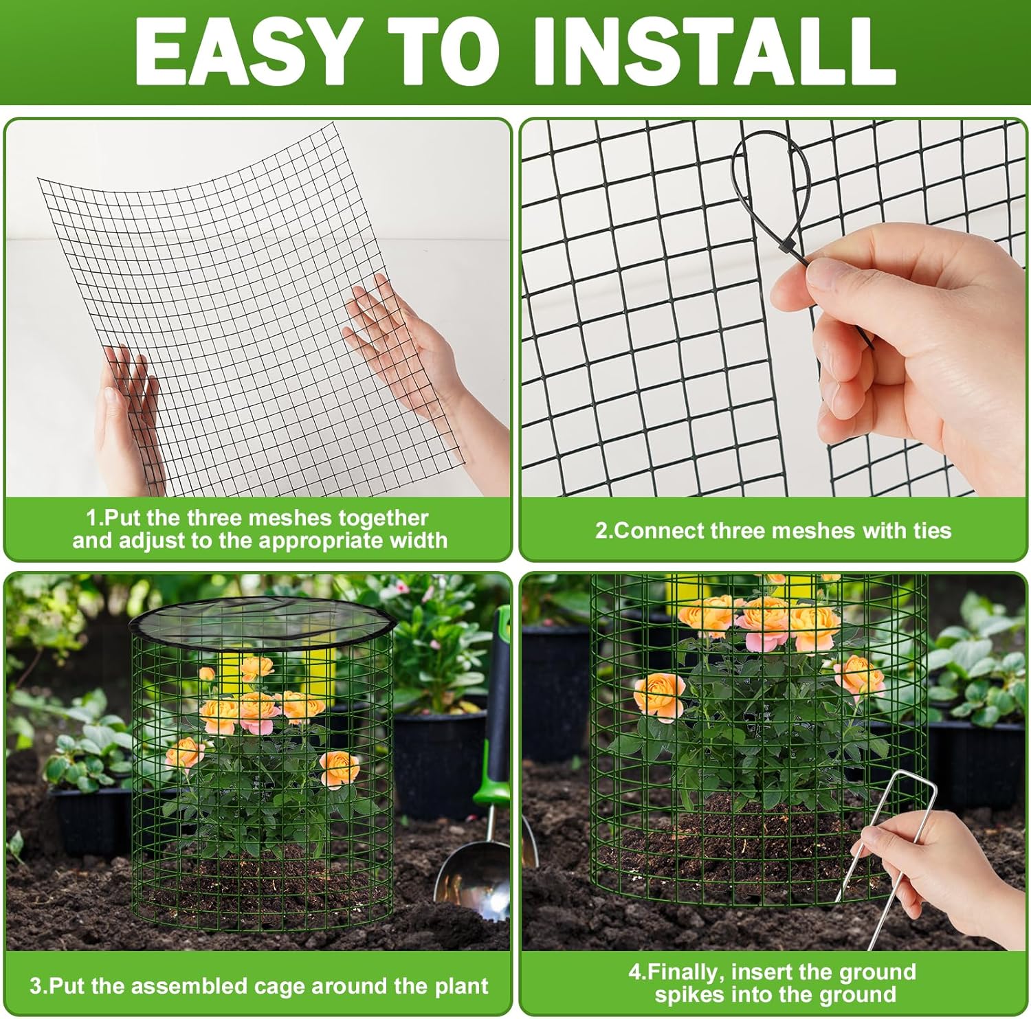 Plant Protector from Animals with Detachable Covers - 4 Pack 16”x 16" Wire Cage Cloches with Ground Stakes and Tools for Protecting Vegetable, Flower, Seedling