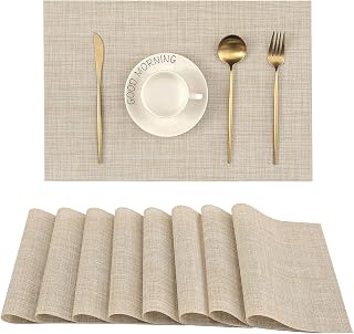 Leetaltree Beige Woven Placemats Set of 8 - Heat Resistant, Waterproof, Wipe-Clean PVC Vinyl Table Mats
