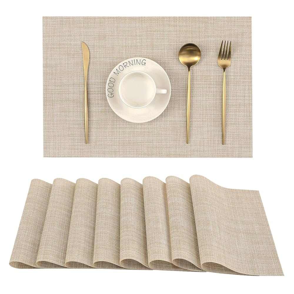 Leetaltree Beige Placemats Set of 8 - Heat Resistant Non-Slip Place mats for Dining Table, Washable Durable PVC Vinyl Woven Table Mats(Beige, 8)