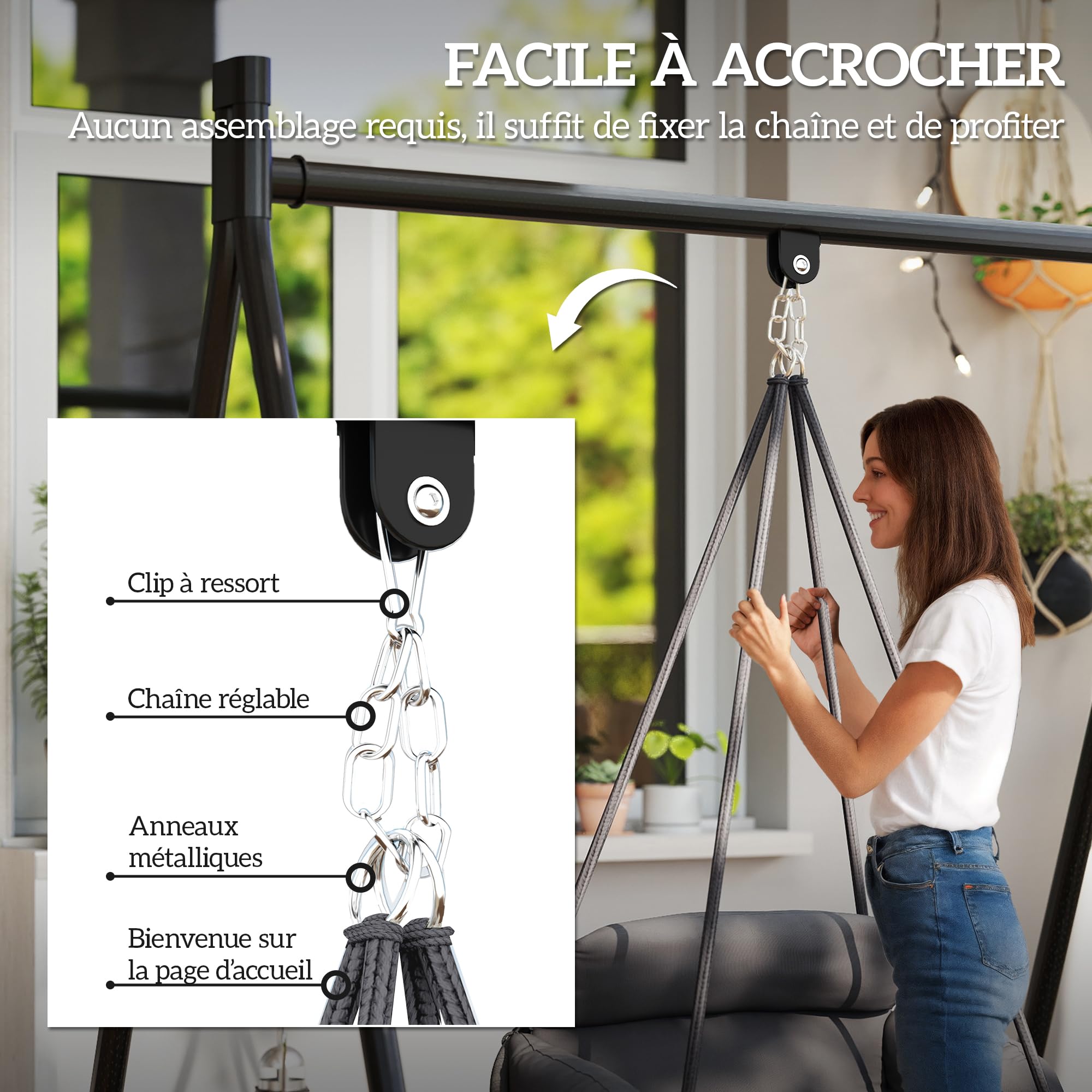 Outsunny Chaise Suspendue avec Grand Coussin rembourré, Fauteuil Suspendu à Franges, kit de Suspension Inclus, hamac Cadre en Acier, Tissage serré, Gris foncé