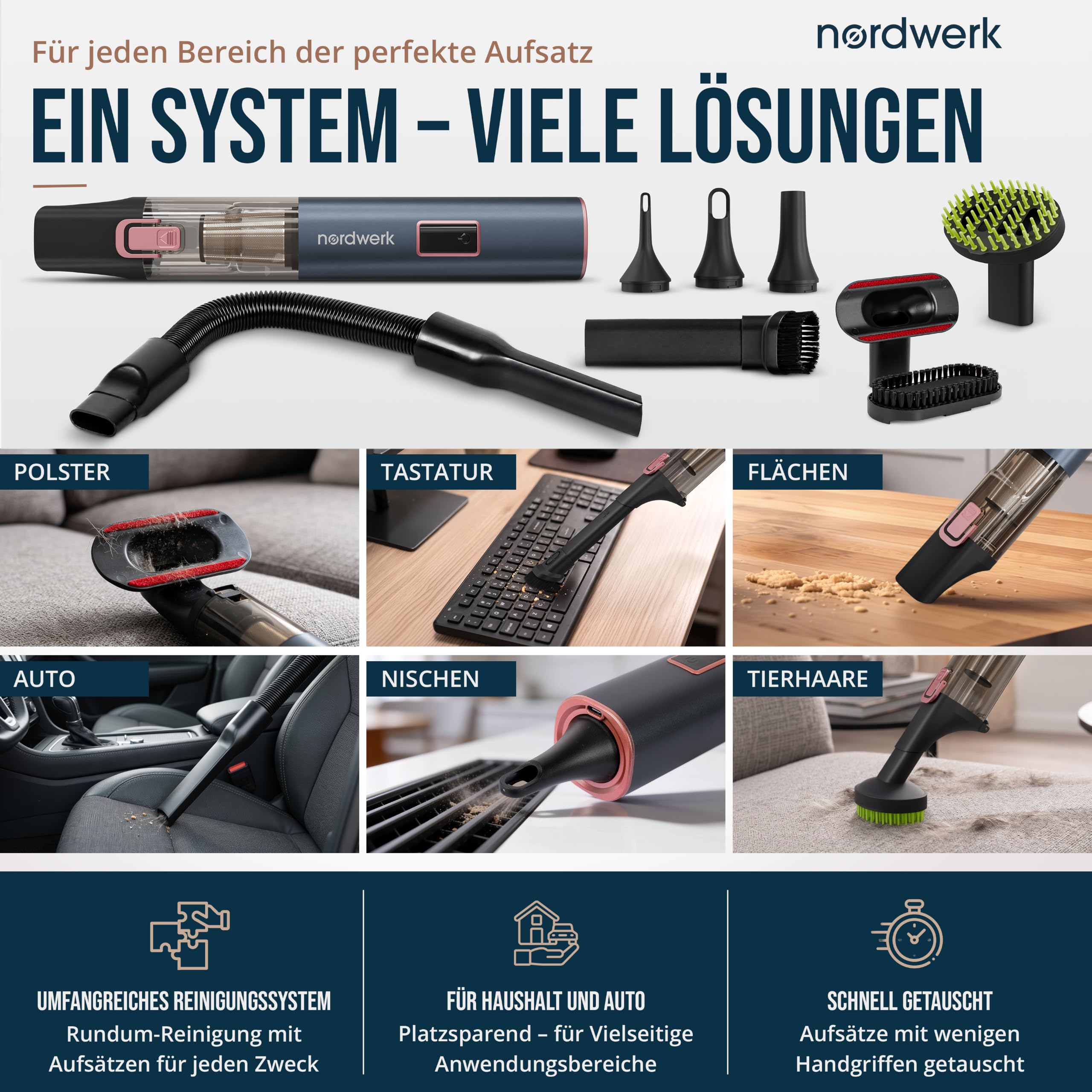 Akku Handstaubsauger Nordwind Flex für Haushalt & Auto, kabellos | starker Mini Staubsauger mit HomeDock® Ladestation, DeepReach Cleaning System®, Bürste für Tierhaare & Extra-Zubehör