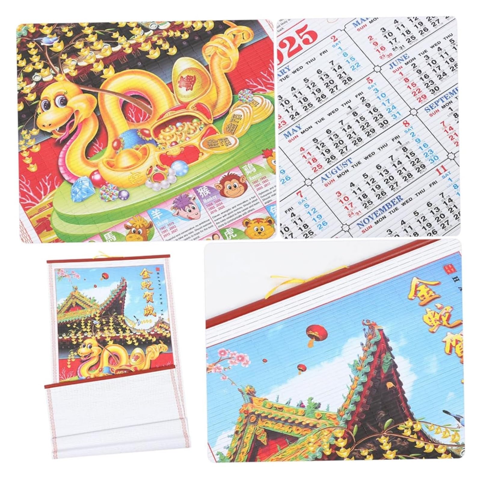 Tischkalender, Tischkalender 2025, 1 Set, Rattan-Kalender, Feng Shui, Hängekalender, Jahr, Schlangen-Wandkalender, chinesische Wandrolle