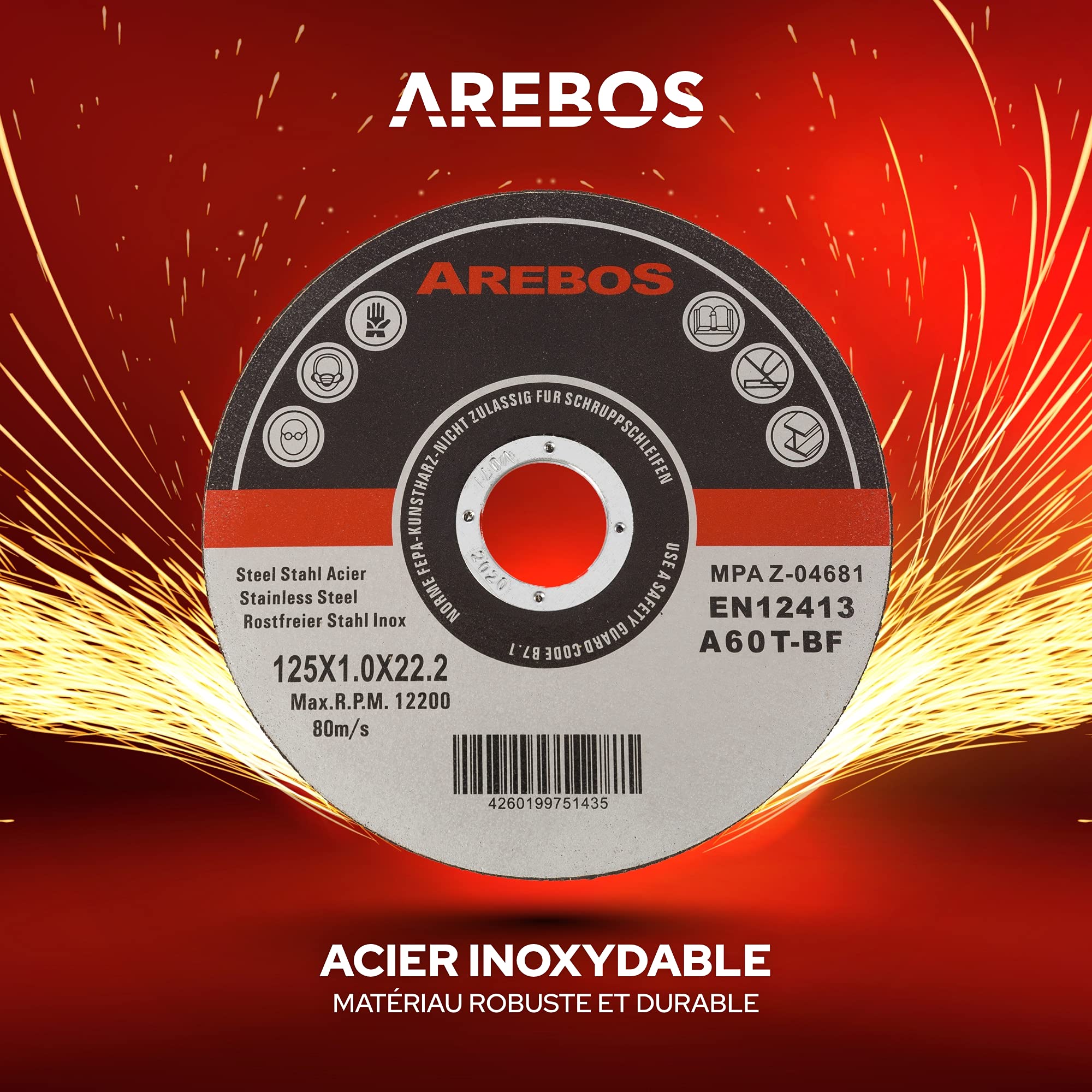 Arebos 50x 125 mm Meule à tronçonner | Fer, Métal, Acier, Inox, Aluminium (125 x 1,0 x 22,2 mm) Disques à tronçonner 125 pour Meuleuse d'Angle