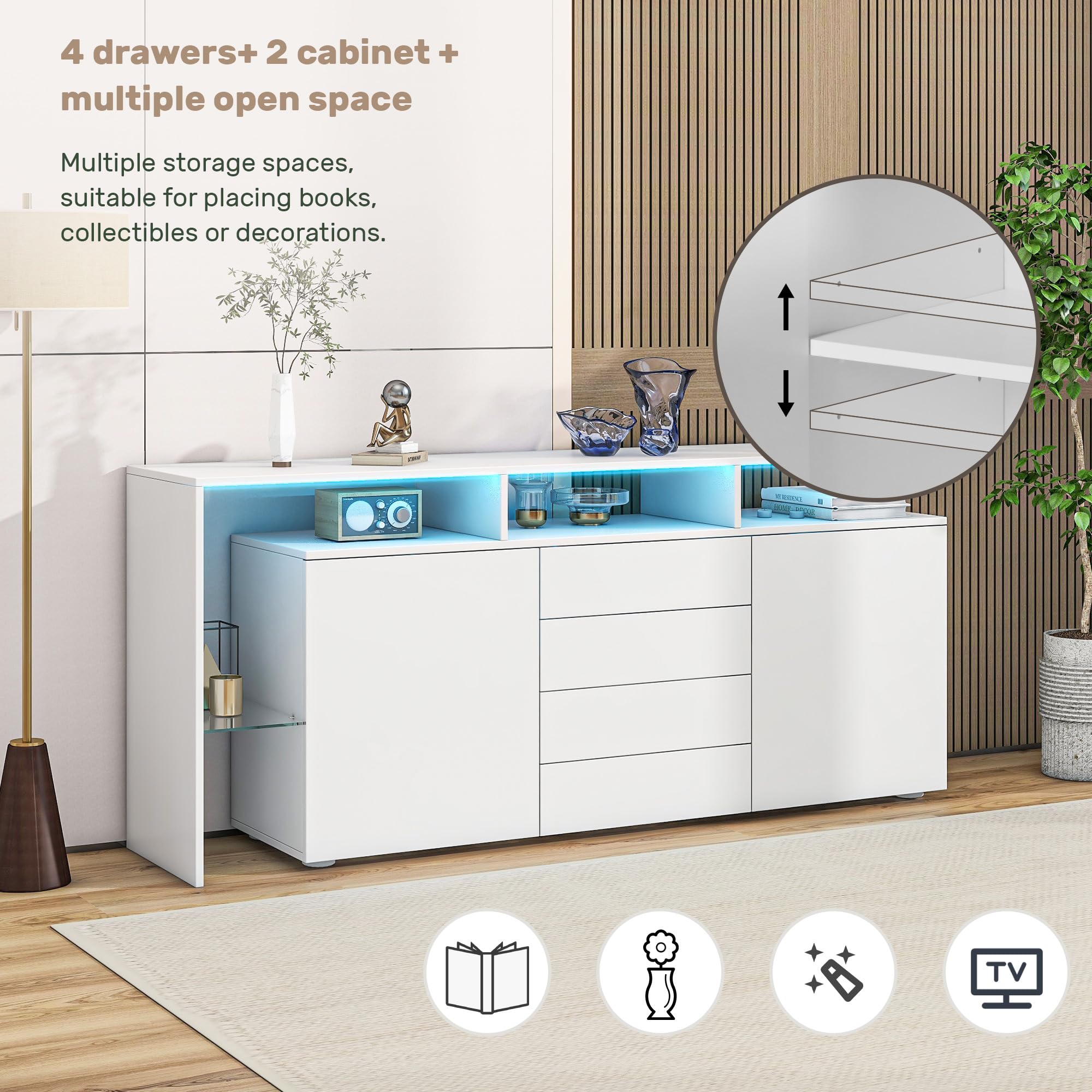 Aparador Cocina, Aparador Mueble De Cocina con LED, Alto Brillo Mueble Aparadores Salon, Gabinete Buffet Comedor con 4 Cajones y 2 Puertas, Vitrina Cómoda para Dormitorio y Salón, 160×35×70 cm
