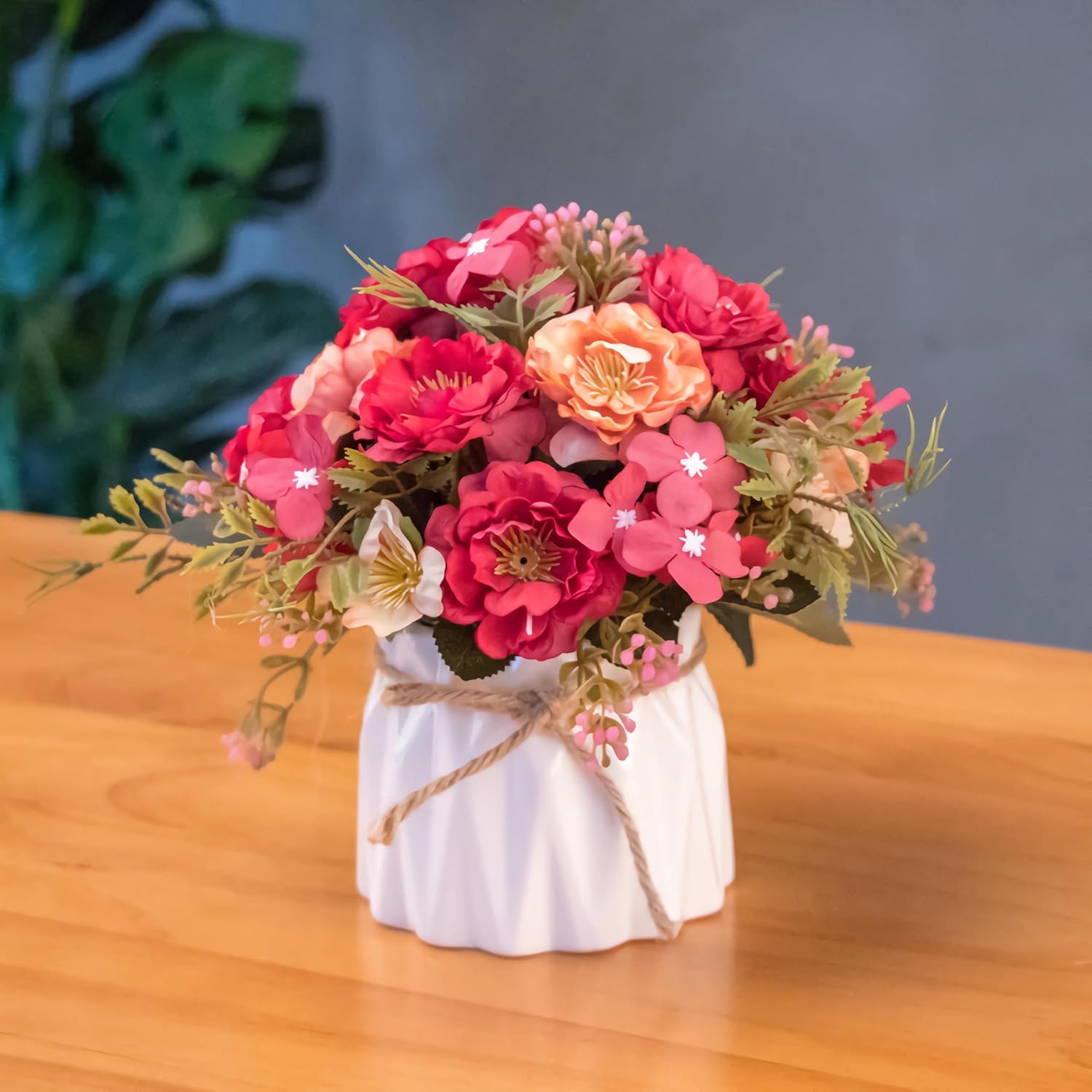 Hbluefat Fake Flowers in Vase, Small Artificial Silk Flowers with Ceramic Vase, Faux Flower Arrangement for Home Office, Coffee Dining Table Centerpiece Decor (Tea Hydrangea,Red)