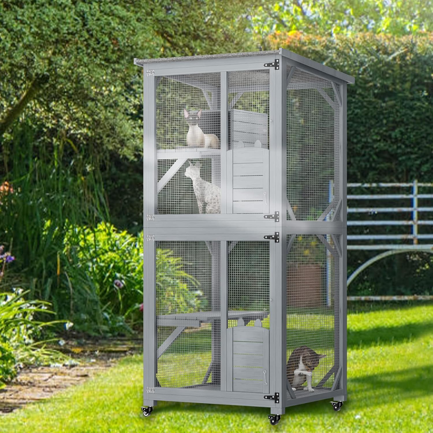Lovinouse Outdoor Cat House on Wheels, Large 3 Layer Indoor Outside Cat Cage Enclosures Shelter Condo with Waterproof Roof and Resting Box (Grey) : Pet Supplies