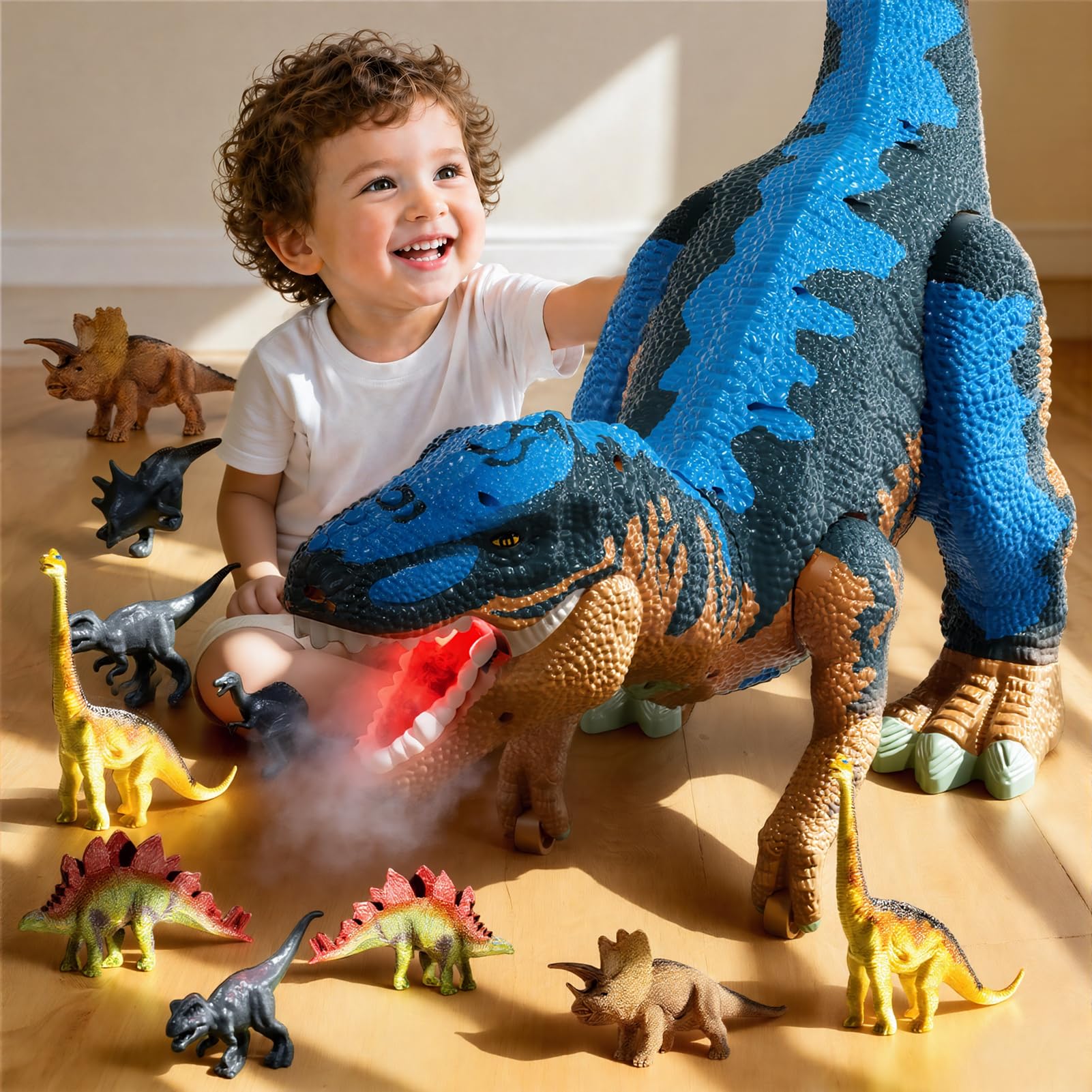 WOANZZ Giant 60cm Dinosaur Toy Large T-Rex with 10 Mini Dinos, Mist Spray, Red Light & Roaring Sound, Detachable Tyrannosaurus Rex Car Playset, Birthday Gifts for Kids Boys Age 3 4 5 6 Years Old, Blue
